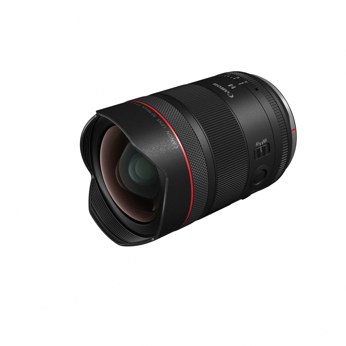 Perspektivische Frontansicht des Canon RF 14mm f/1.4 L VCM Ultraweitwinkel-Objektivs mit tiefem Einblick auf die große, gewölbte Frontlinse, die integrierte Gegenlichtblende und den roten L-Serien-Ring vor weißem Hintergrund.