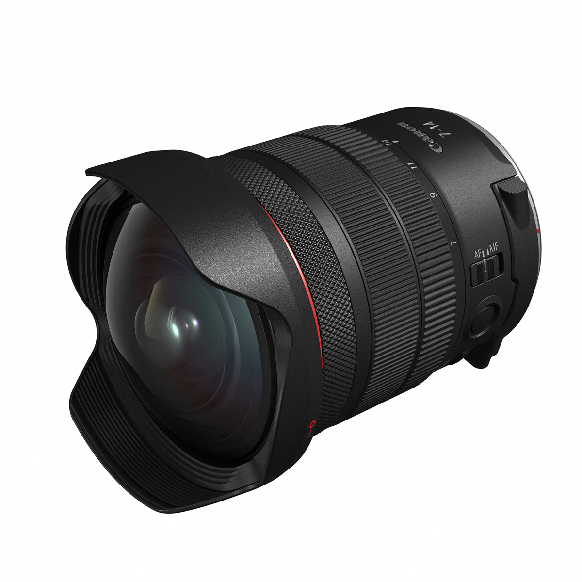 Perspektivische Ansicht des Canon RF 7-14mm F2.8-3.5 L FISHEYE STM Objektivs mit montierter tulpenförmiger Gegenlichtblende, stark gewölbter Frontlinse und rotem L-Serien-Ring auf weißem Hintergrund.