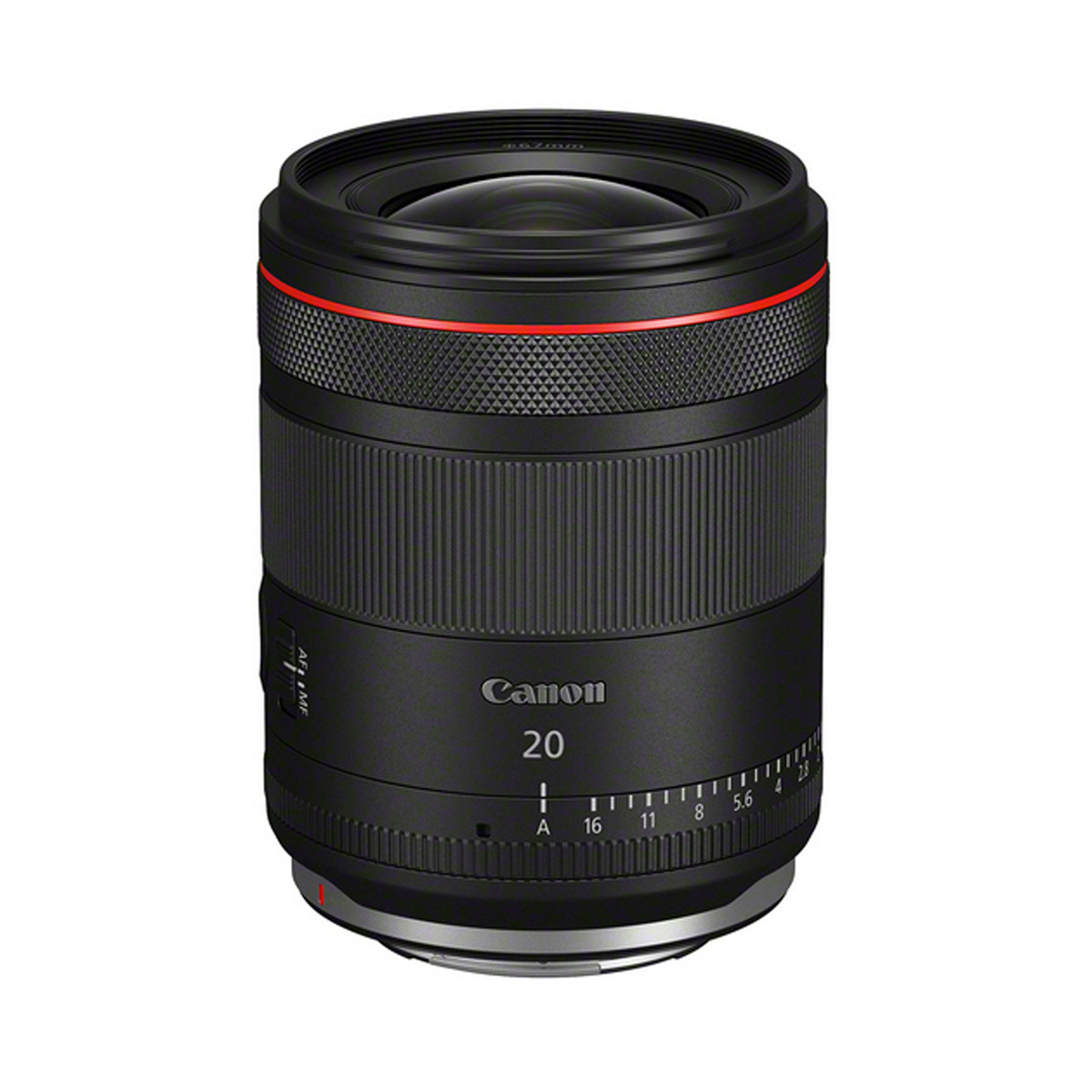 Schwarzes Canon RF 20 mm Festbrennweitenobjektiv mit rotem L-Serie-Akzentring, breitem Fokusring und Einstellskala auf weißem Hintergrund.