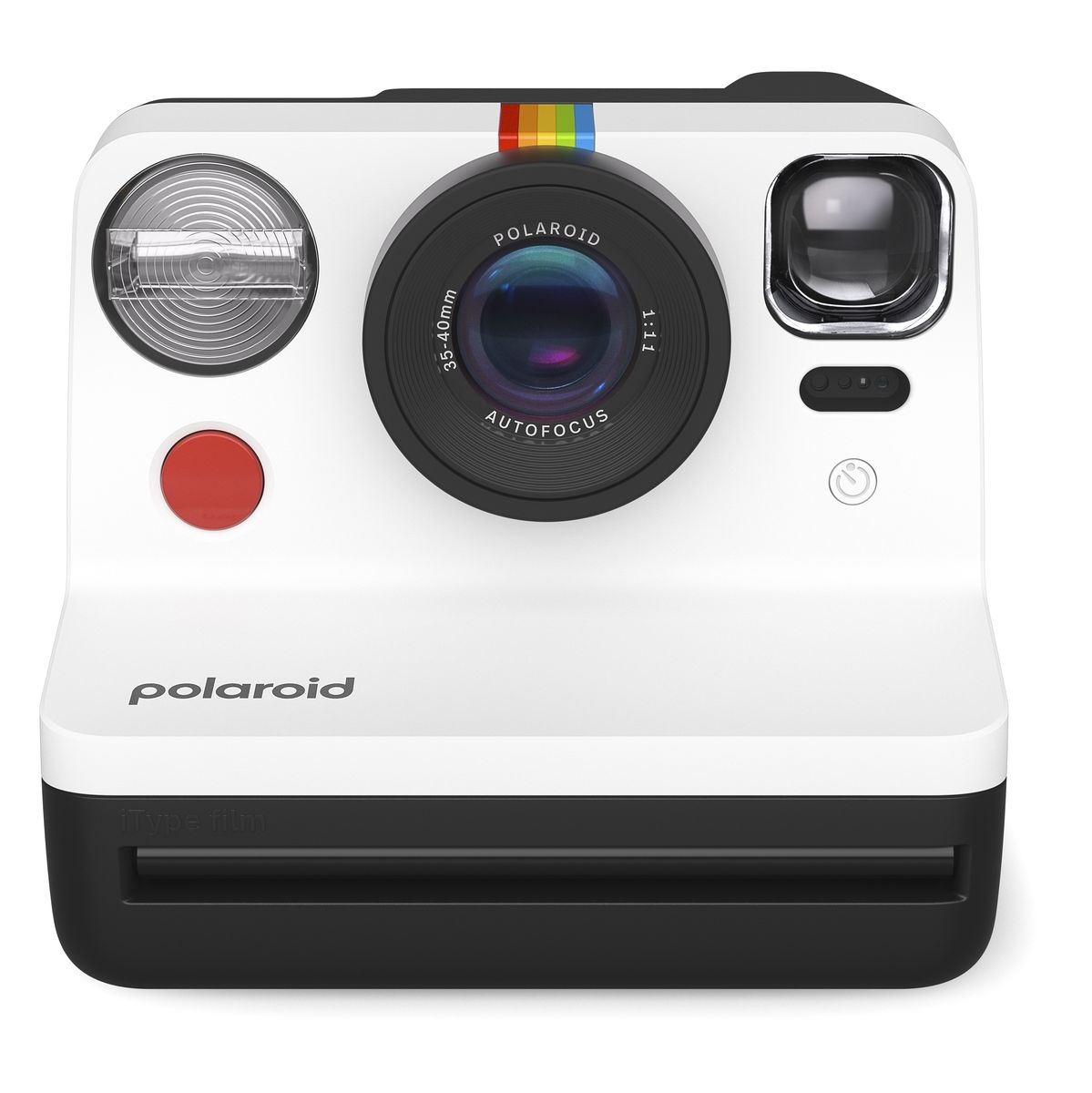 Weiße Polaroid-Sofortbildkamera mit großem Objektiv, Sucher, Blitz und rotem Auslöser.