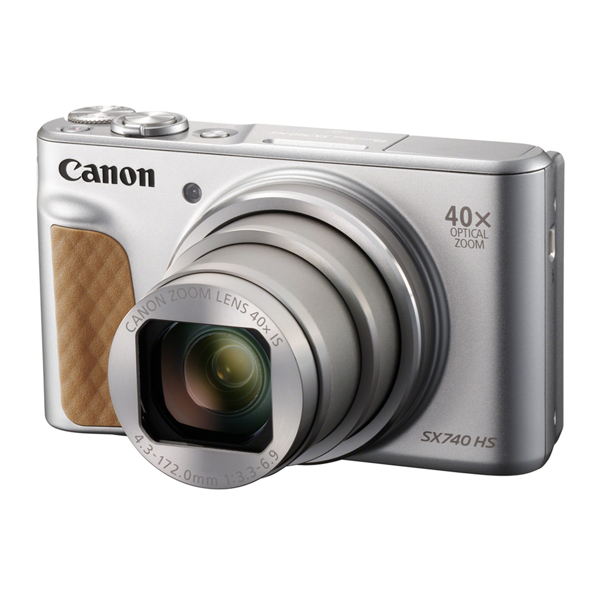 Silberne Canon Kompaktkamera mit ausgefahrenem Zoomobjektiv und 40-fach optischem Zoom, schräg von vorne auf weißem Hintergrund.