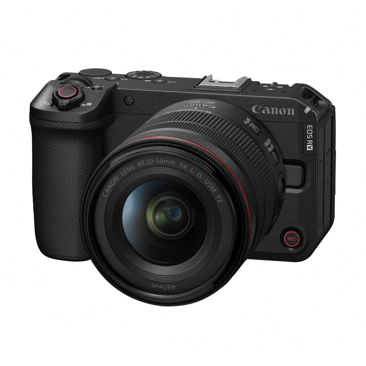 Schräge Frontansicht der Canon EOS R5 C spiegellosen Vollformat-Cinema-Kamera mit montiertem Canon RF 24-105mm f/4 L IS USM Zoomobjektiv, rotem Auslöser-Aufnahmeknopf und markantem roten Ring der L-Serie vor weißem Hintergrund.
