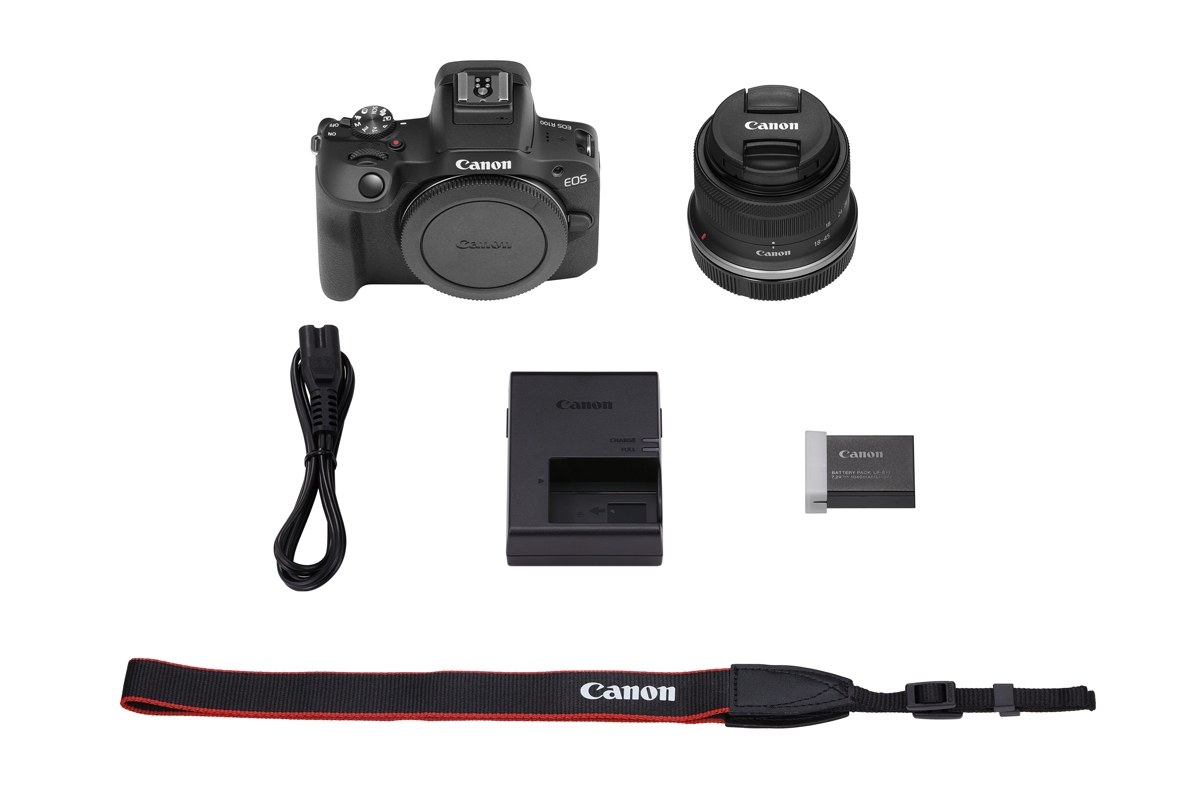 Canon EOS R50 Kamerakit mit Objektiv, Akku, Ladegerät, USB-Kabel und Tragegurt