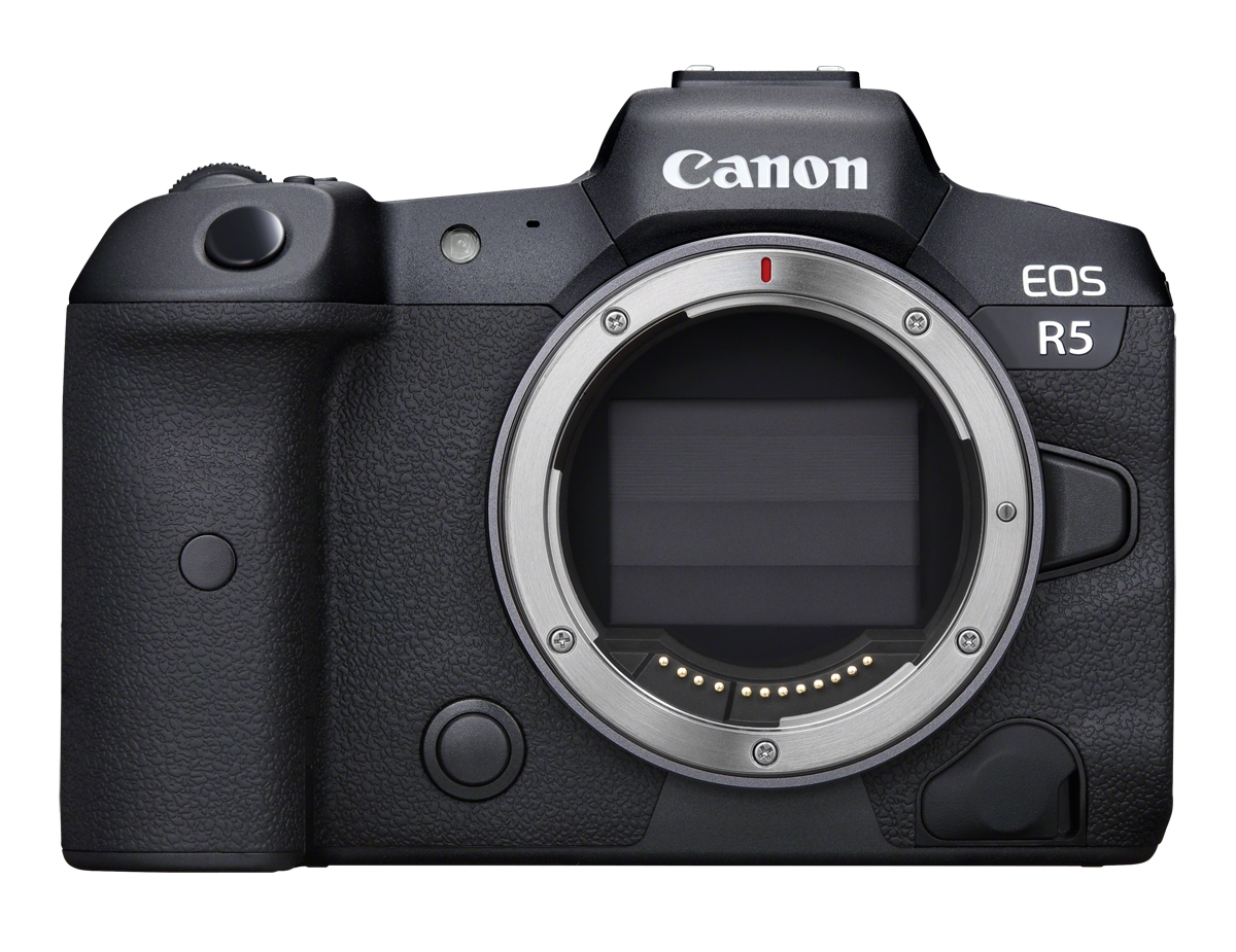 Canon EOS R5 Systemkamera in Schwarz – Frontansicht ohne Objektiv