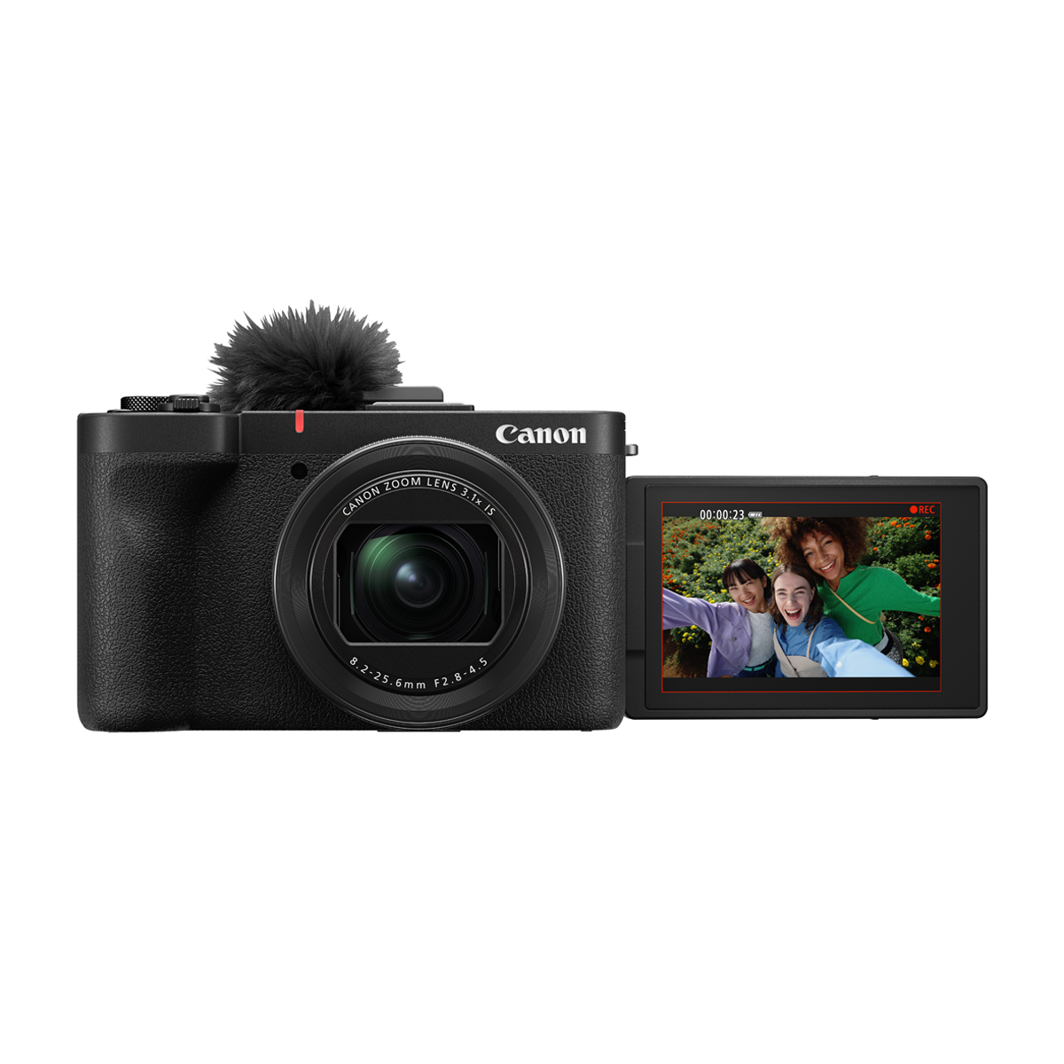Schwarze Canon Kompaktkamera mit integriertem Objektiv, Windschutz-Mikrofon und seitlich ausgeklapptem Display mit Beispielaufnahme auf weißem Hintergrund.