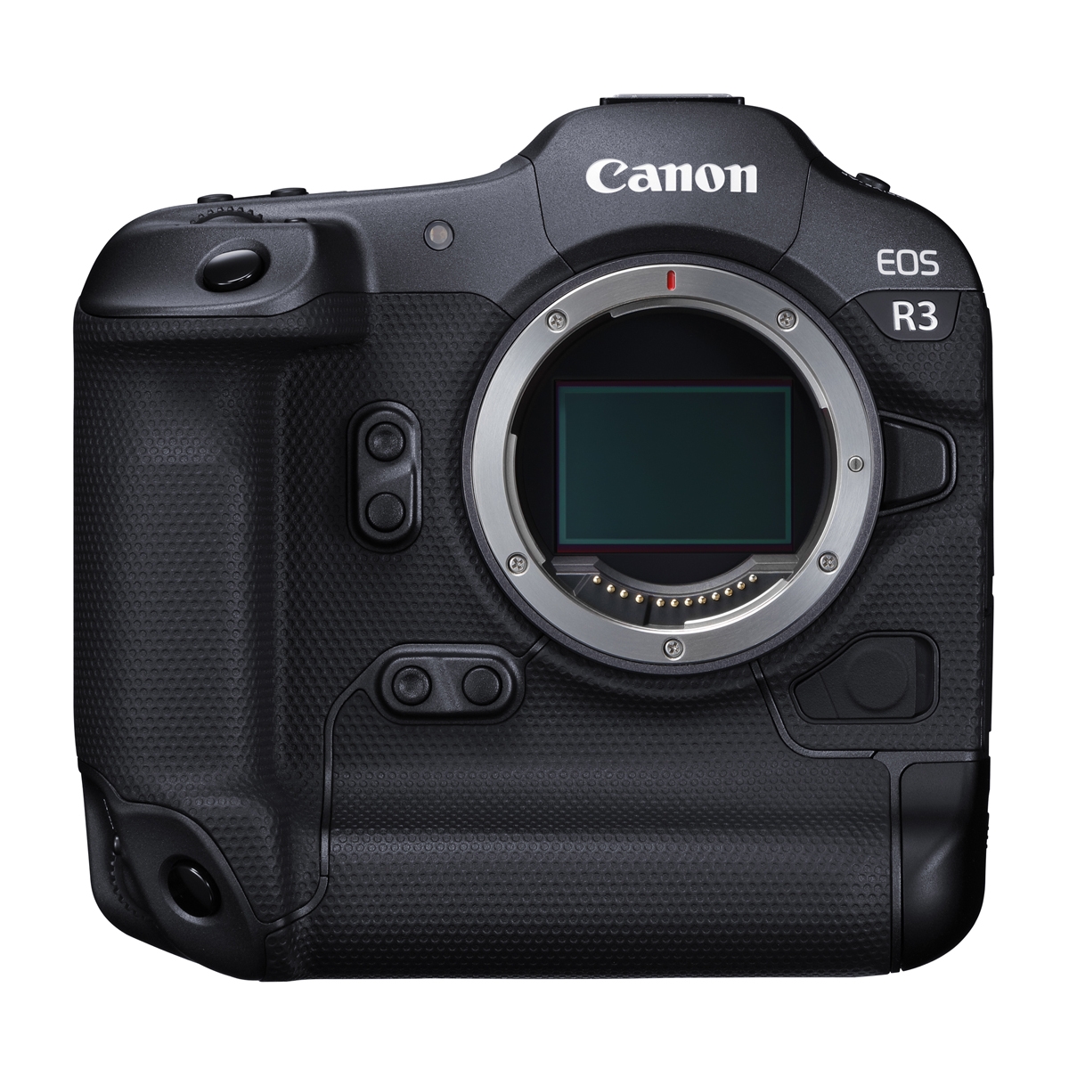 Frontansicht einer schwarzen Canon EOS R3 Systemkamera ohne Objektiv. Sichtbar sind der RF-Bajonettanschluss, der integrierte Hochformatgriff und mehrere Bedienelemente am Kameragehäuse.