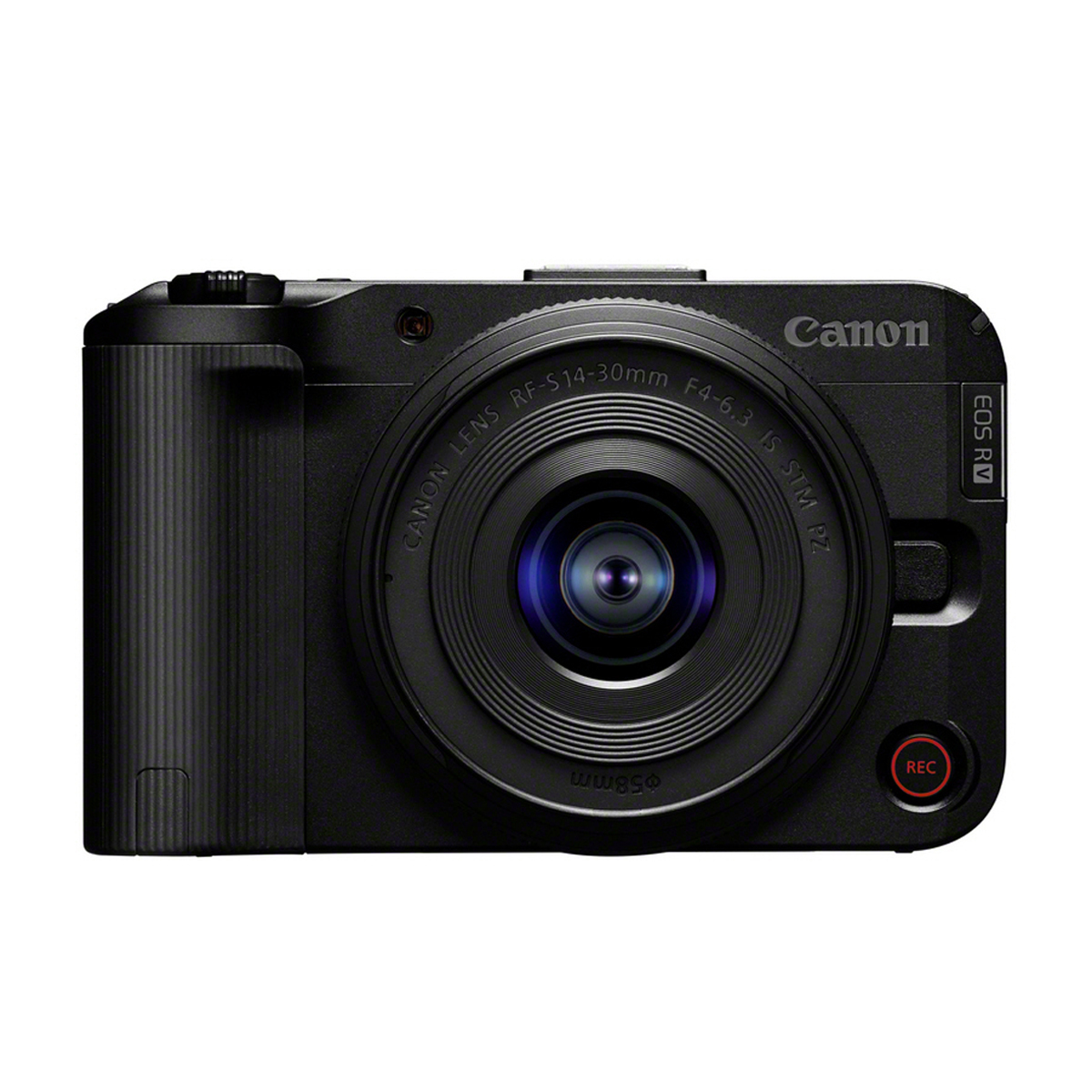 Schwarze Canon EOS R50 V Systemkamera mit angesetztem Objektiv in frontaler Ansicht auf weißem Hintergrund.