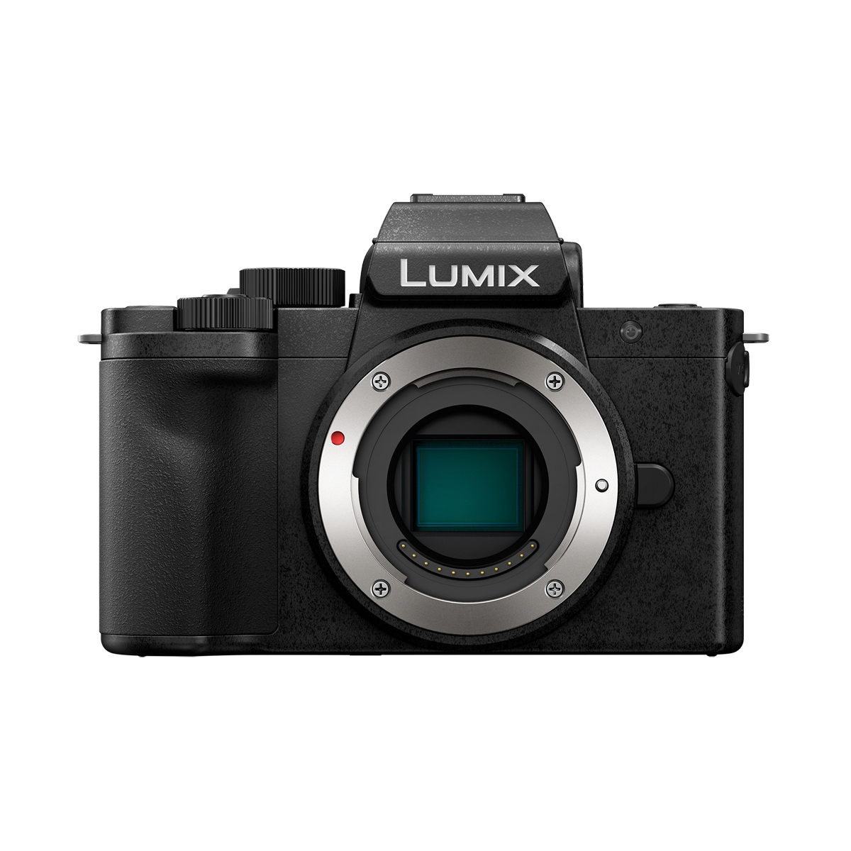 Schwarze Panasonic LUMIX Systemkamera ohne Objektiv in frontaler Ansicht mit sichtbarem Bildsensor und Metallbajonett auf weißem Hintergrund.