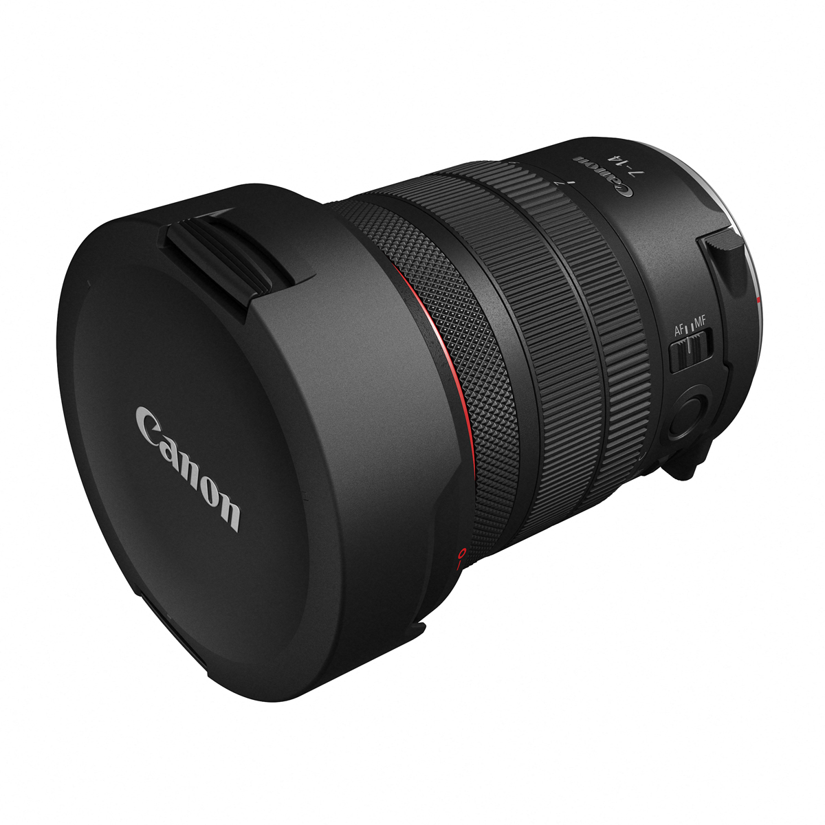 Schräge Frontansicht des Canon RF 7-14mm F2.8-3.5 L FISHEYE STM Zoomobjektivs mit aufgesetztem, schwarzem Canon Objektivschutzdeckel, strukturiertem Fokusring und seitlichem AF/MF-Schalter vor weißem Hintergrund.