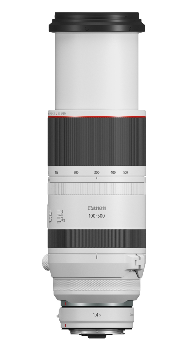 Canon RF 100-500mm L IS USM Telezoom-Objektiv ausgefahren – Seitenansicht in Weiß