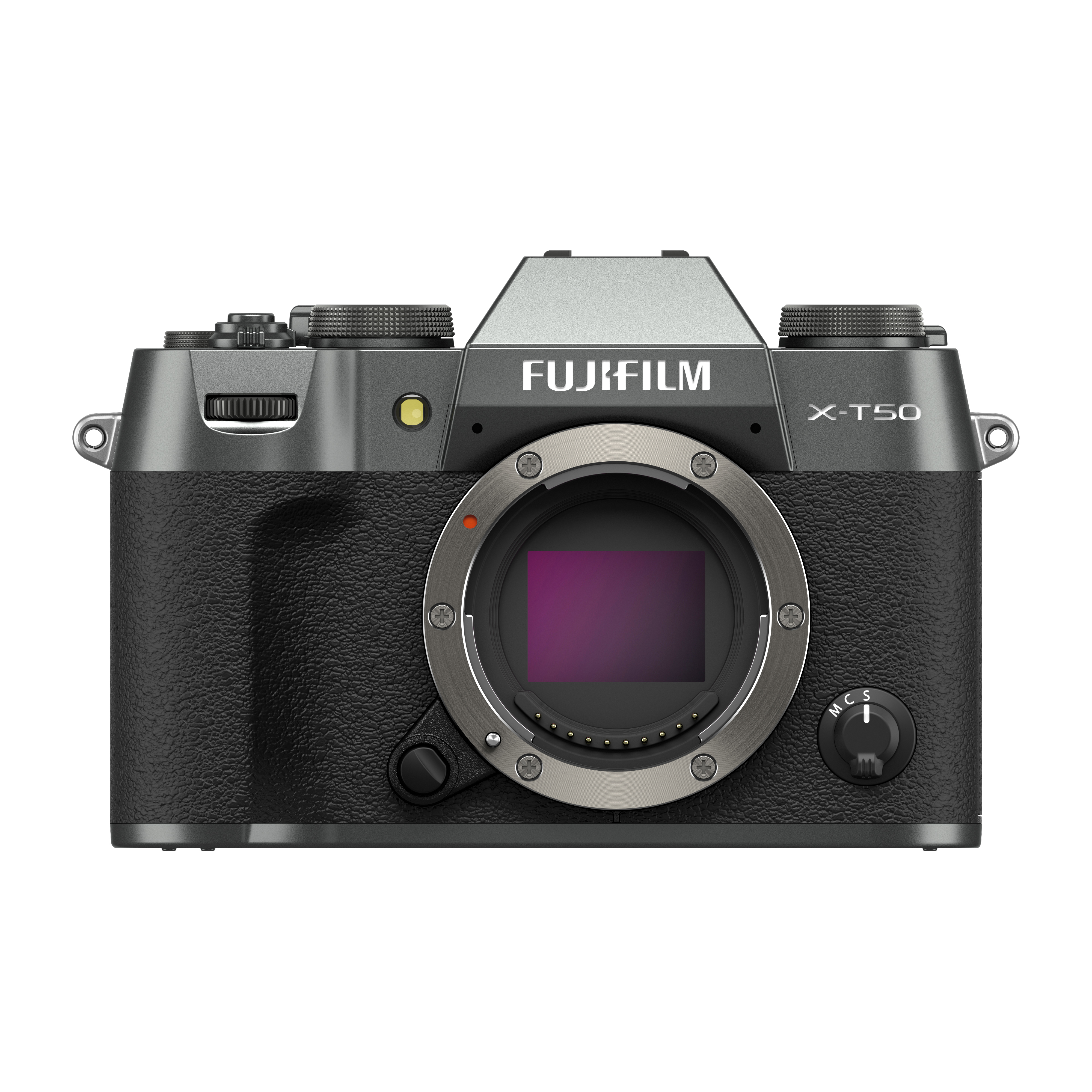 Fujifilm X-T50 spiegellose Systemkamera in Charcoal Silver (Dunkelsilber) in der direkten Frontalansicht ohne Objektiv vor weißem Hintergrund, mit freigestelltem Bildsensor, Fujifilm-Schriftzug auf dem Kamerasucher-Prisma und X-T50 Modellbezeichnung auf d