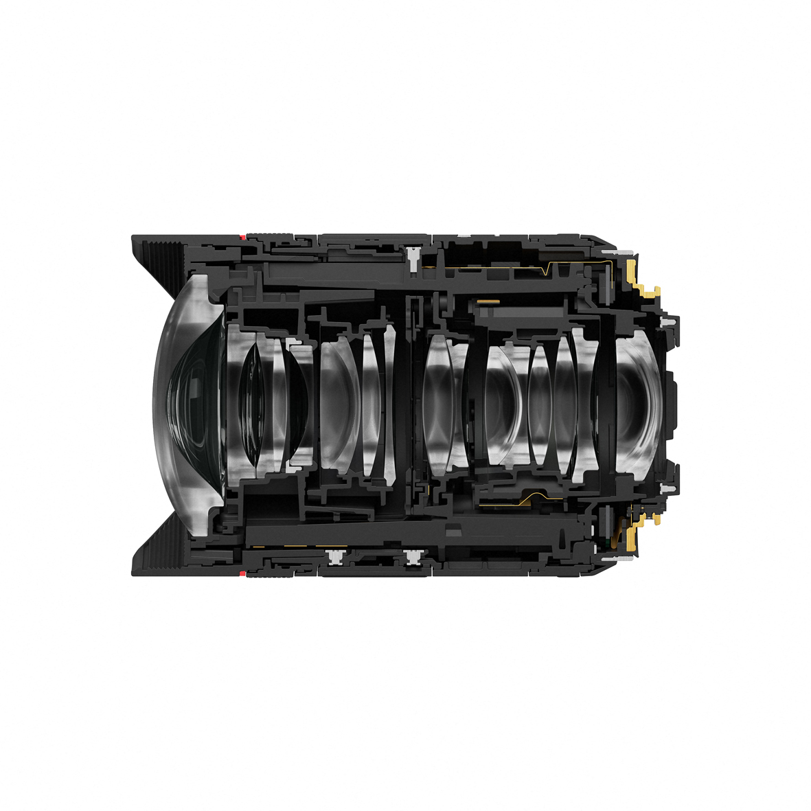 Querschnitt und Linsenaufbau des Canon RF 14mm f/1.4 L VCM Ultraweitwinkel-Objektivs zur Veranschaulichung der optischen Konstruktion aus 18 Linsen in 13 Gruppen auf weißem Hintergrund.