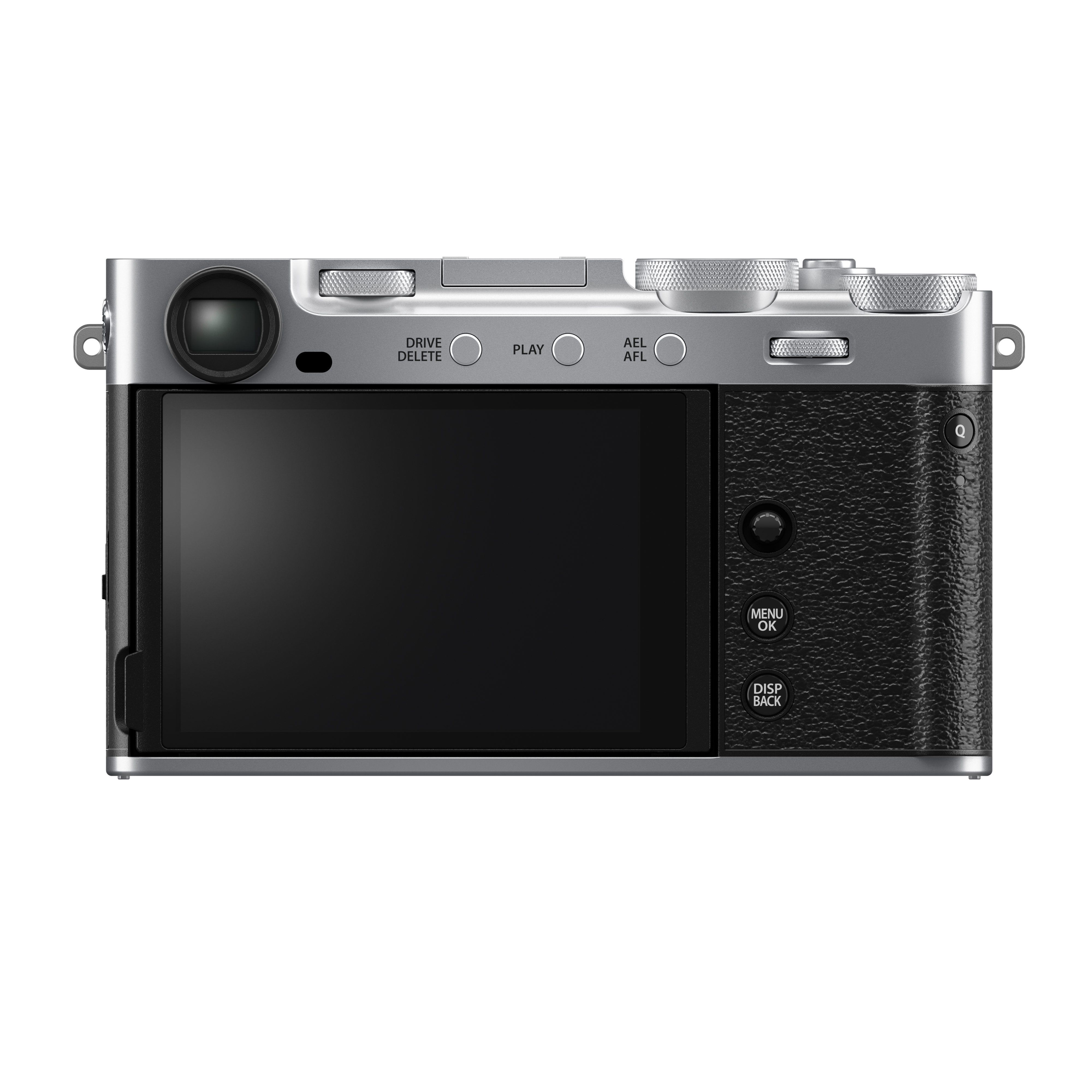 Rückansicht einer silber-schwarzen Fujifilm Systemkamera im Messsucher-Stil vor weißem Hintergrund mit ausgeschaltetem LCD-Display, elektronischem Sucher (EVF) und analogen Einstellrädern auf der Gehäuseoberseite.