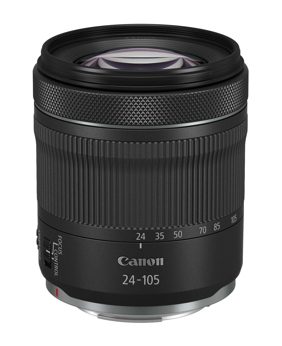 Canon RF 24-105mm Zoomobjektiv in Schwarz – schräge Frontansicht