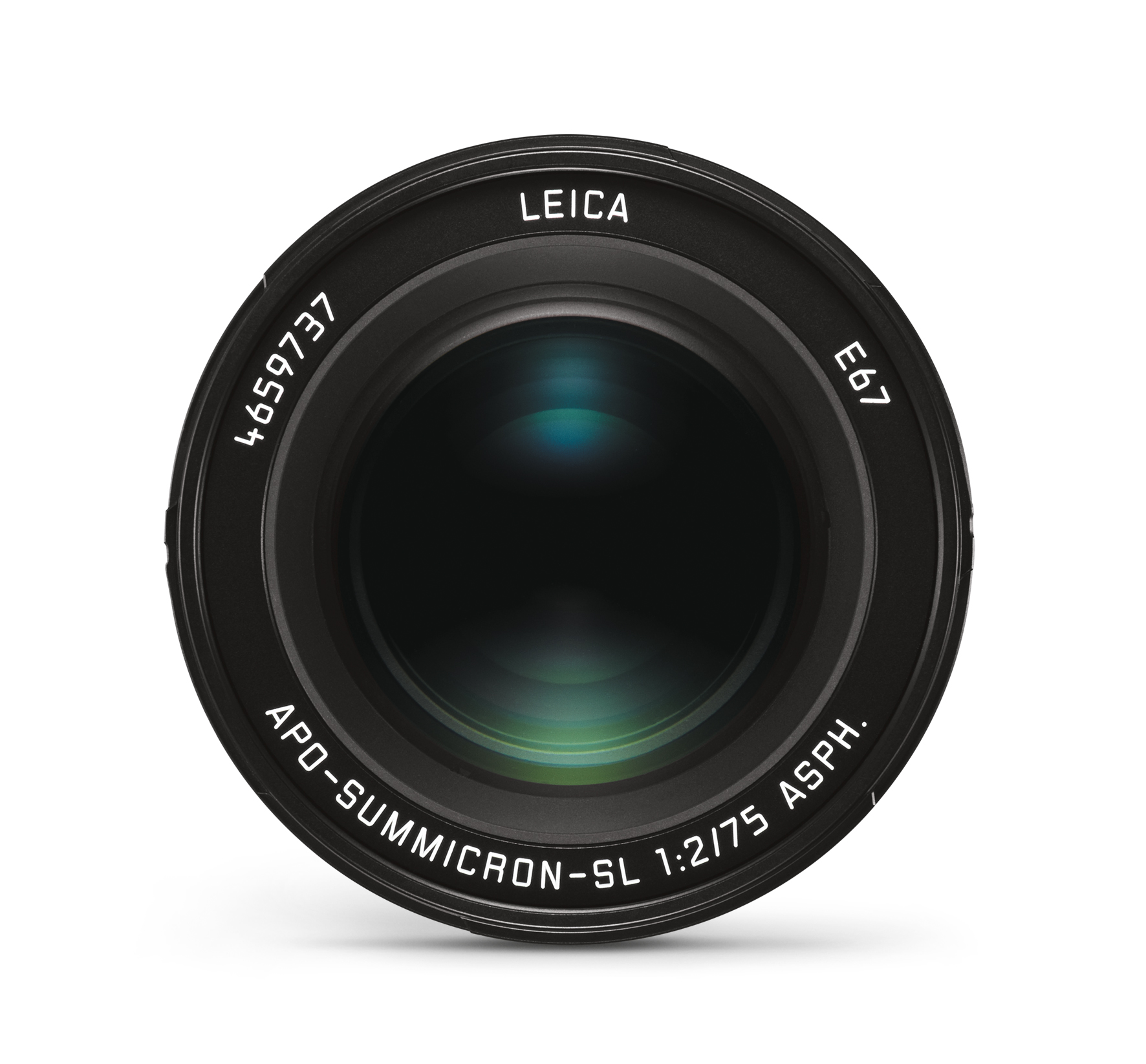 Frontansicht eines schwarzen Leica APO-Summicron-SL 75-mm-Objektivs mit großer Frontlinse und weißer Objektivbeschriftung vor weißem Hintergrund.