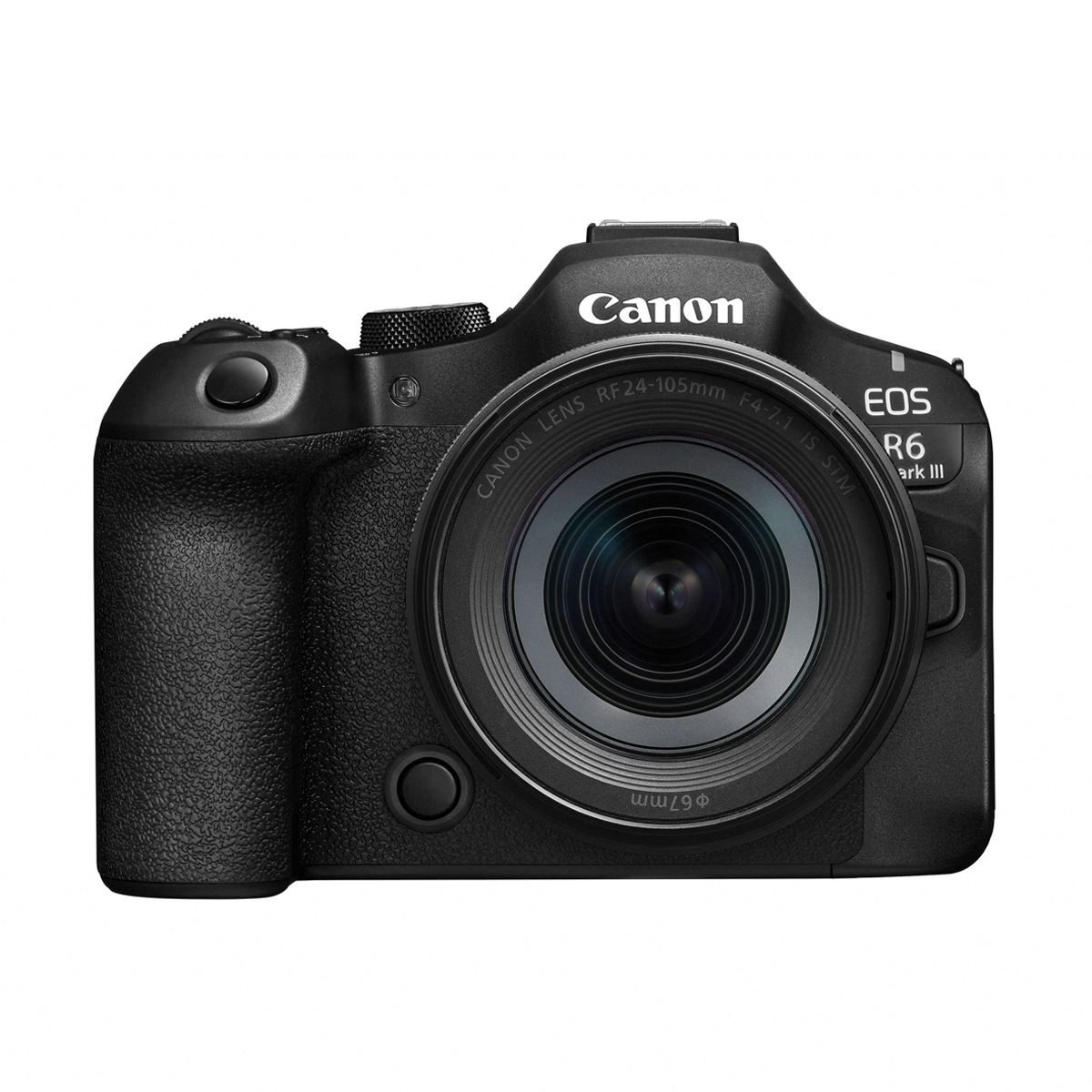Gerade Frontansicht der schwarzen Canon EOS R6 Mark II spiegellosen Vollformatkamera mit montiertem Canon RF 24-105mm f/4-7.1 IS STM Zoomobjektiv auf weißem Hintergrund.