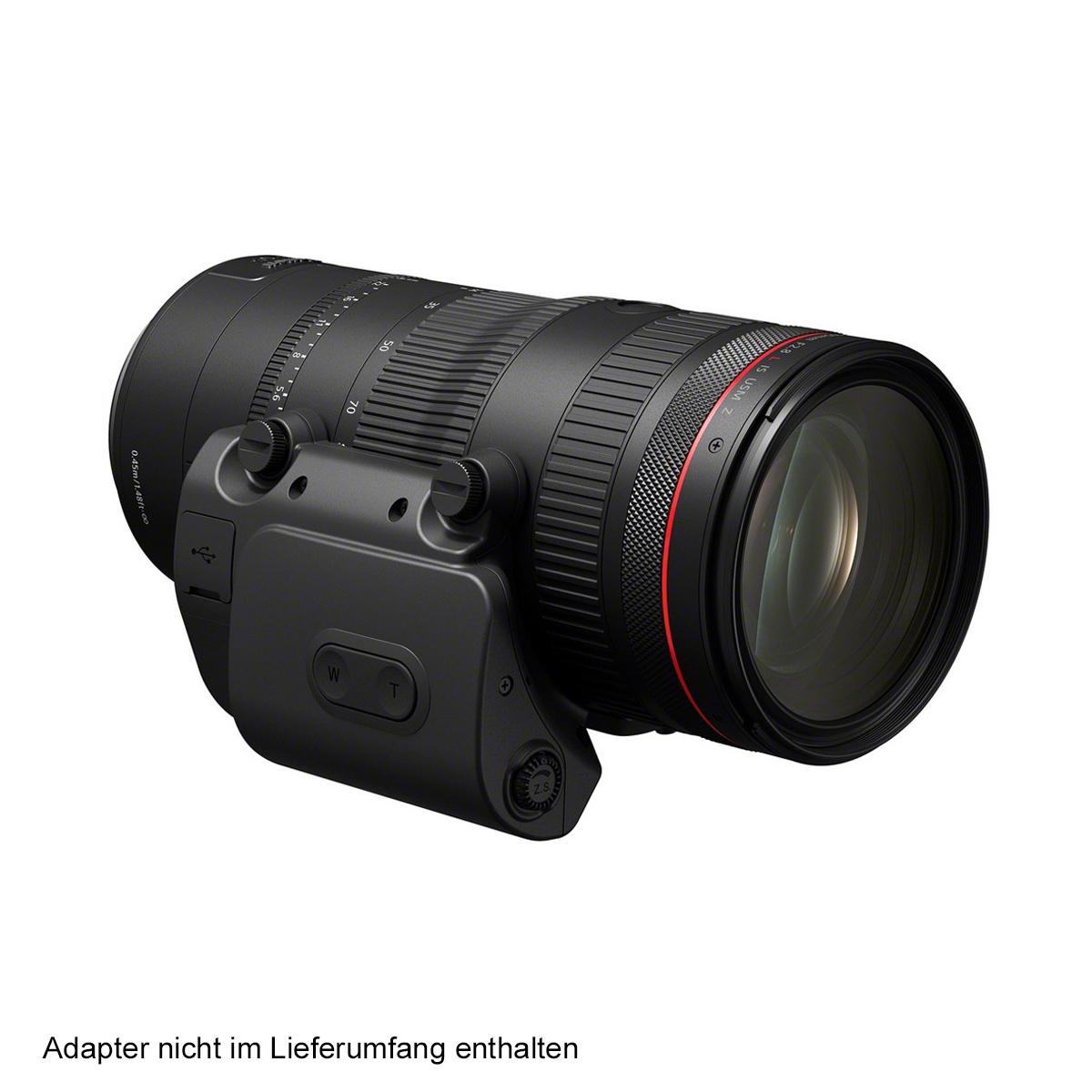 Schwarzes Telezoomobjektiv mit rotem Akzentring, großer Frontlinse und seitlichem Stativfuß, schräg von vorne auf weißem Hintergrund; Hinweis: „Adapter nicht im Lieferumfang enthalten“.