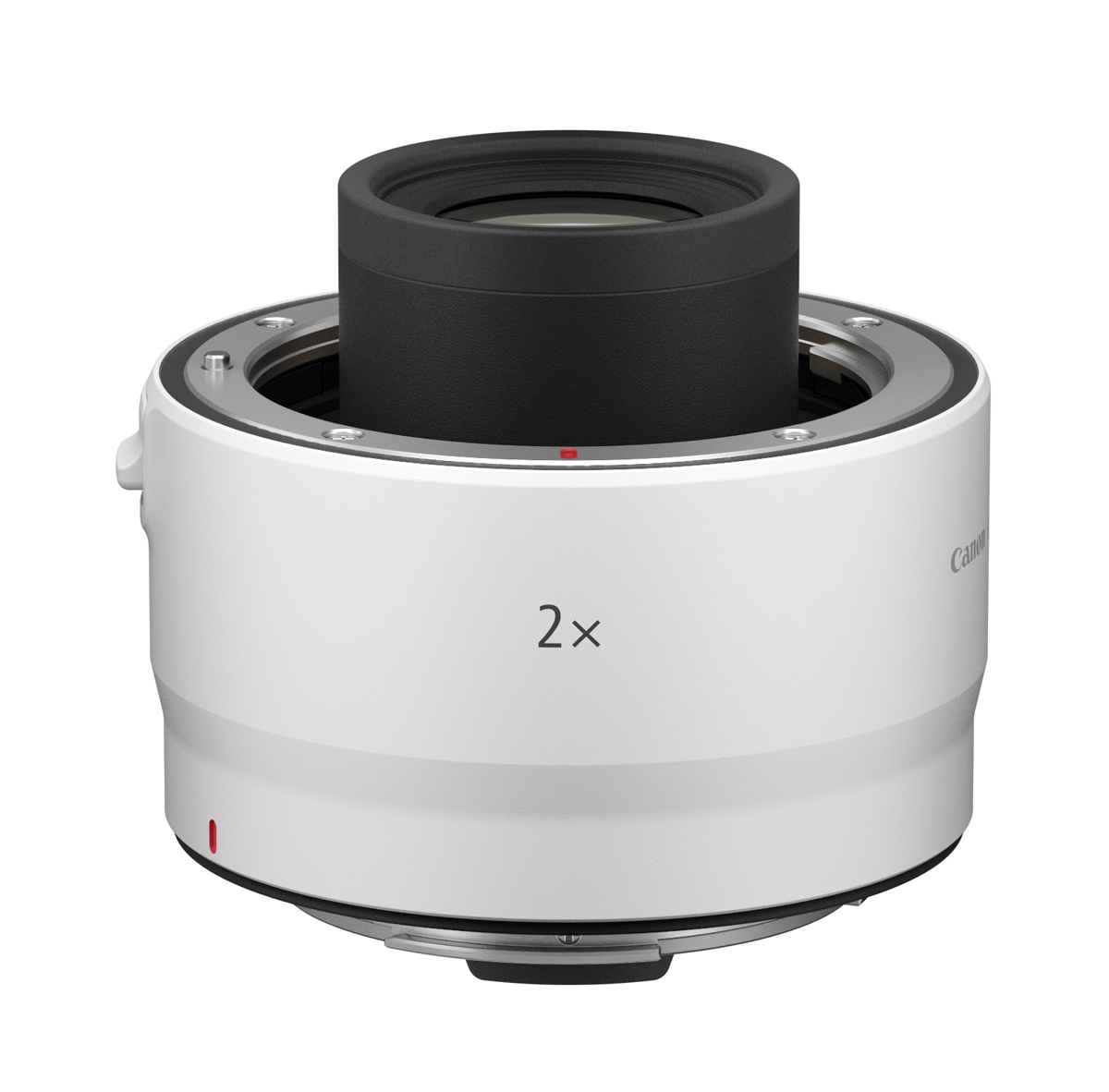 Weißer Canon 2× Telekonverter mit schwarzem Objektivanschluss und schwarzer oberer Fassung vor weißem Hintergrund.