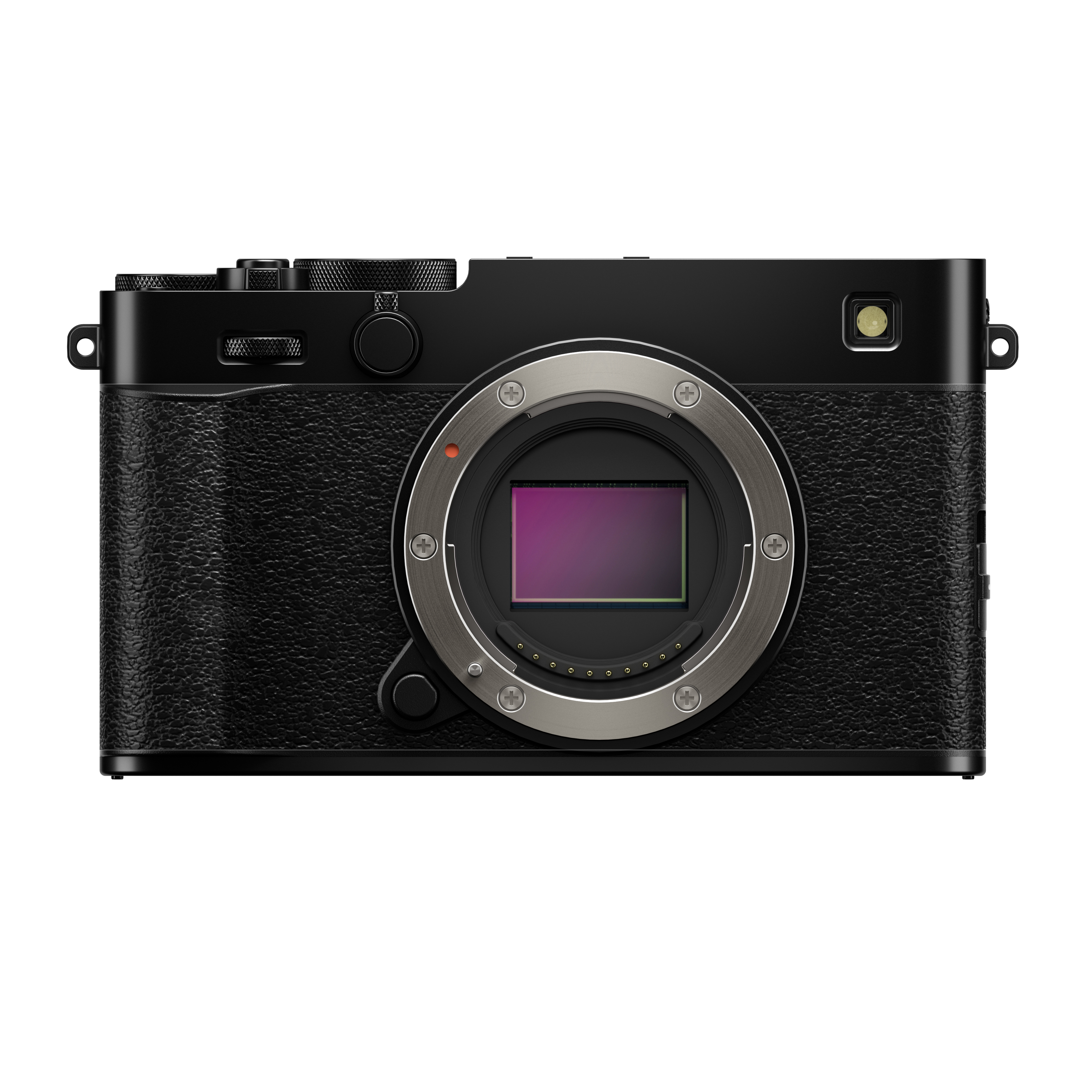 Schwarze Fujifilm X-E5 spiegellose Systemkamera in der direkten Frontalansicht ohne Objektiv vor weißem Hintergrund, mit freigestelltem APS-C-Bildsensor, dem silbernen X-Bajonettanschluss, Sucherfenster und integriertem Blitz.