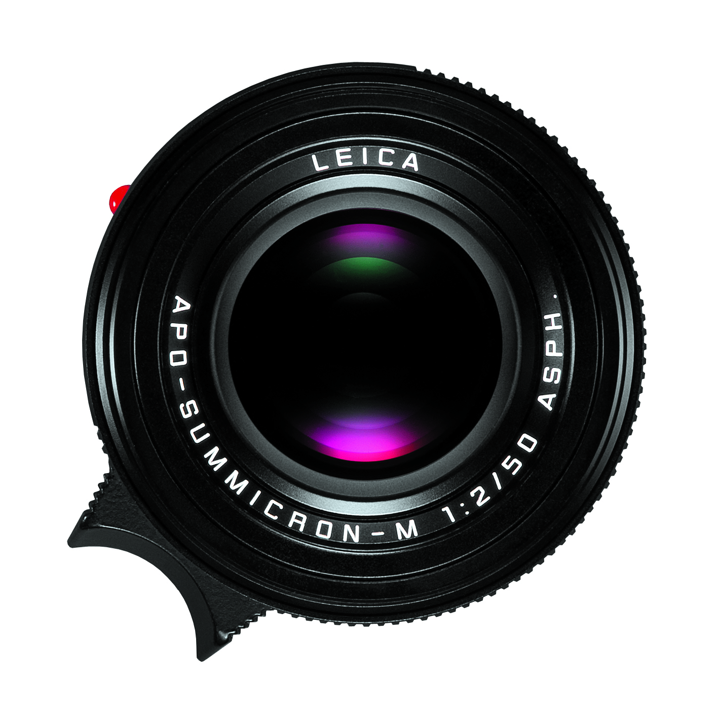 Frontansicht eines schwarzen Leica APO-Summicron-M 50-mm-Objektivs mit sichtbarer Frontlinse, weißer Objektivbeschriftung und roter Leica-Markierung.