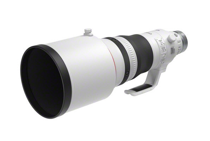 Weißes Canon Teleobjektiv mit großer Gegenlichtblende, rotem Ring, schwarzem Fokussierring und integrierter Stativschelle vor weißem Hintergrund.