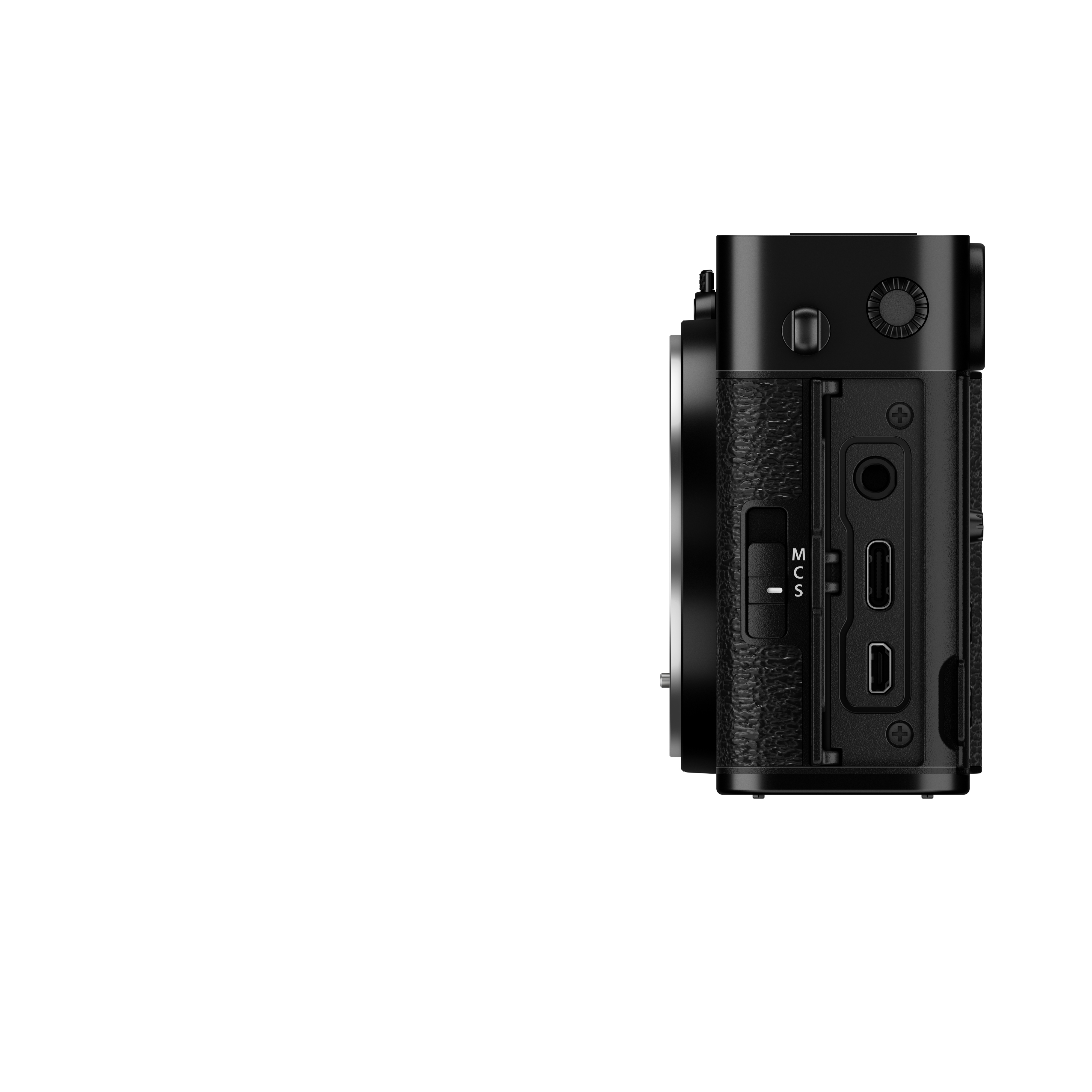 Schwarze spiegellose Systemkamera der Fujifilm X-E Serie in der linken Seitenansicht vor weißem Hintergrund, mit Fokus auf die geöffneten Anschlussabdeckungen, die den Blick auf den Mikrofon-Anschluss, den USB-C-Port und den HDMI-Anschluss freigeben.
