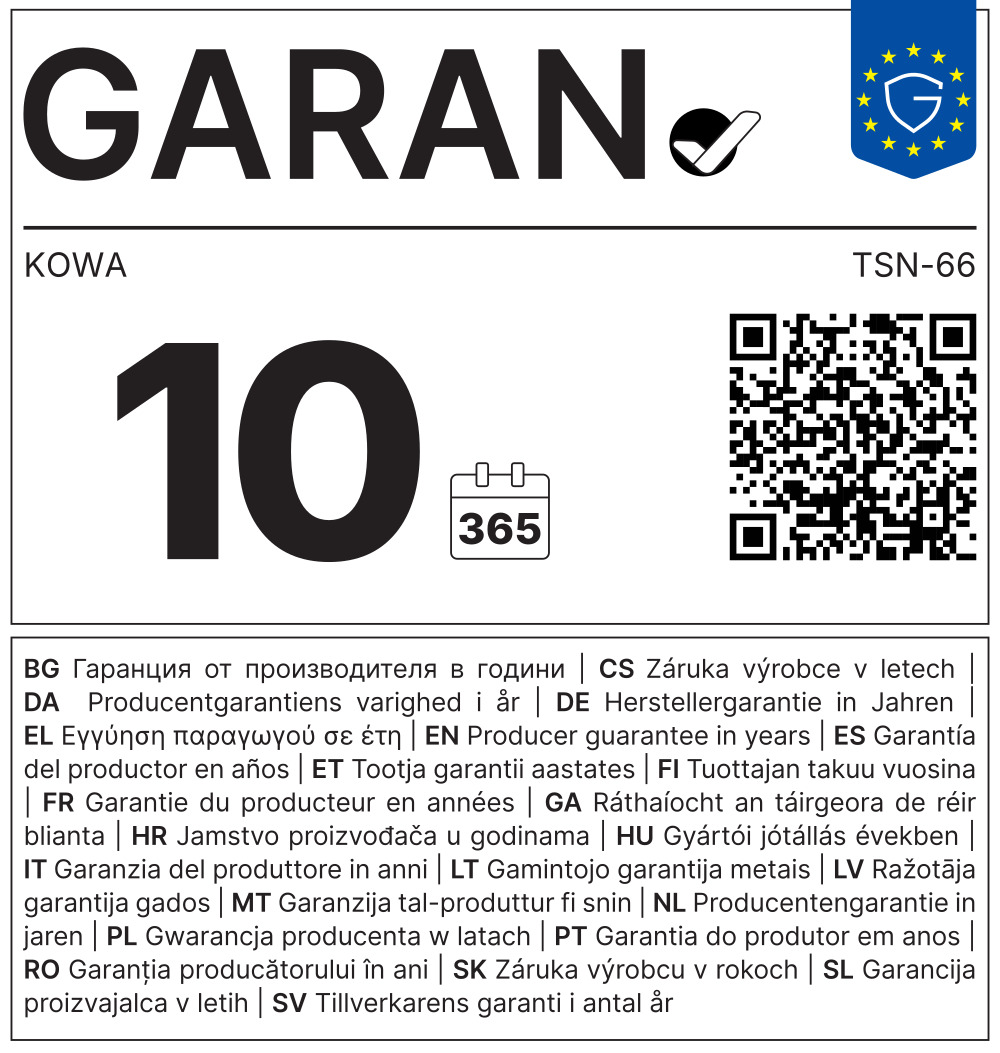Garantiekennzeichnung von GARANT für KOWA TSN-66. Die Grafik weist eine Herstellergarantie von 10 Jahren aus und zeigt ein Kalendersymbol mit „365“, einen QR-Code sowie den Hinweis „Herstellergarantie in Jahren“ in mehreren Sprachen.