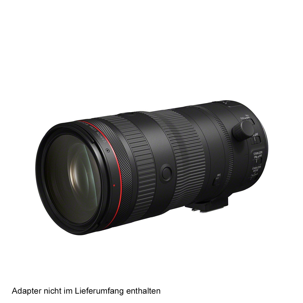 Schwarzes Telezoomobjektiv mit rotem Akzentring und großer Frontlinse, schräg von vorne auf weißem Hintergrund; Hinweis: „Adapter nicht im Lieferumfang enthalten“.