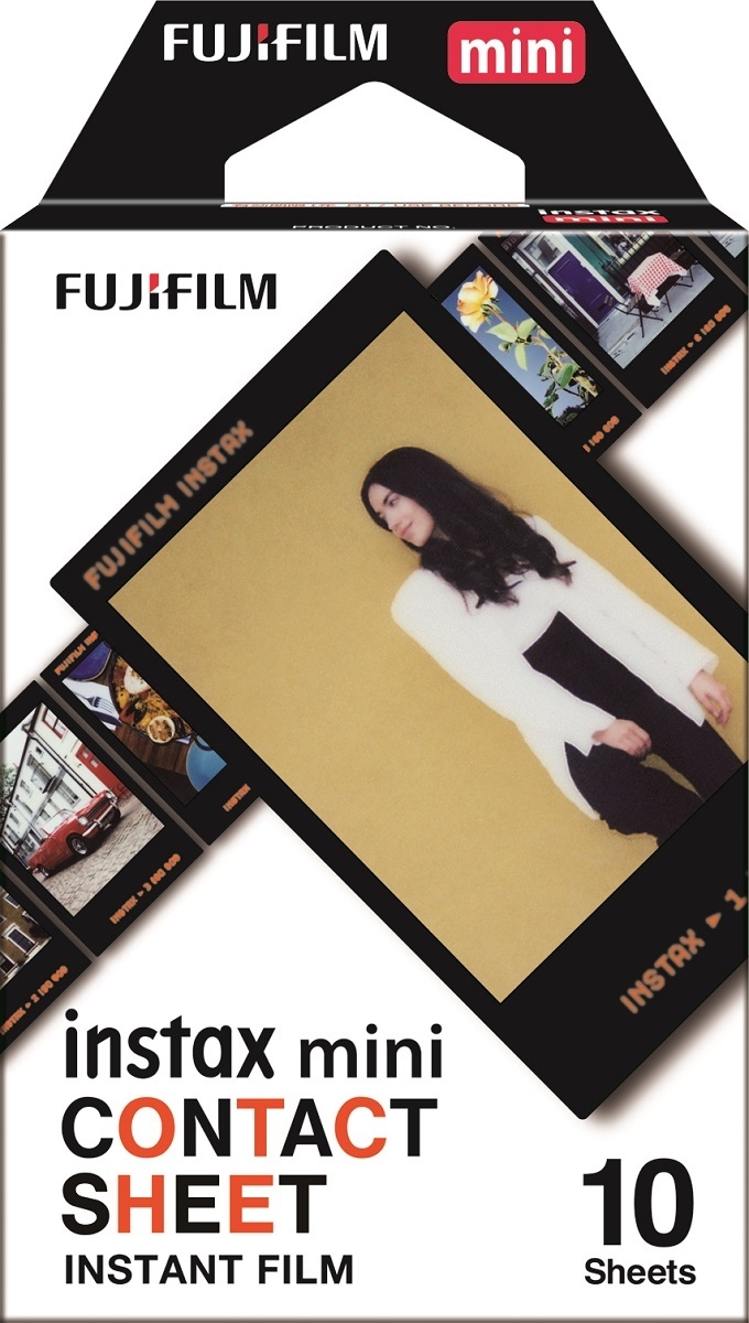 Verpackung des Fujifilm Instax Mini Contact Sheet Sofortbildfilms mit 10 Aufnahmen. Die Vorderseite zeigt ein Beispielbild im Kontaktbogen-Stil sowie das Fujifilm- und Instax-Mini-Logo.
