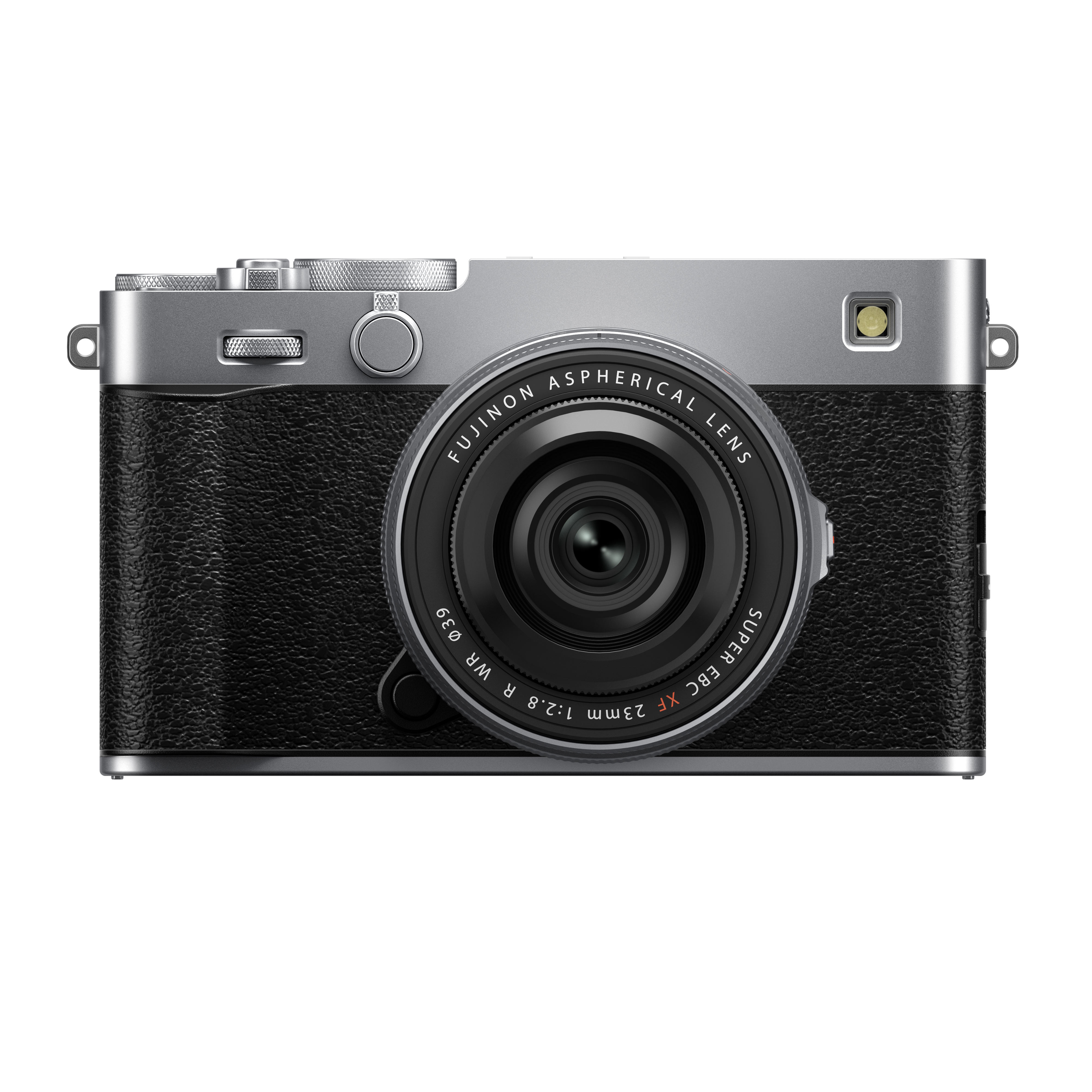 Silber-schwarze Fujifilm X-E5 spiegellose Systemkamera in der direkten Frontalansicht vor weißem Hintergrund, mit aufgesetztem kompakten, schwarzen Fujinon XF 23mm f/2 R WR Objektiv, Sucherfenster, integriertem Blitz und Einstellrädern auf der silbernen G