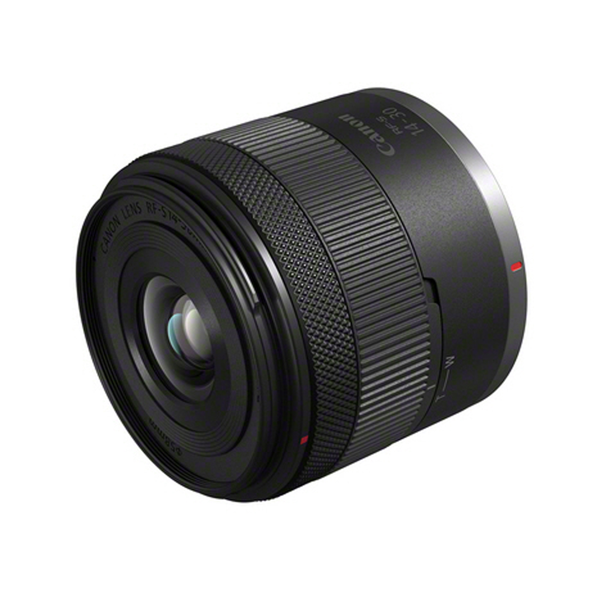 Schwarzes Canon RF-S 14–30 mm Zoomobjektiv in schräger Frontansicht mit breitem Zoomring und Metallbajonett auf weißem Hintergrund.