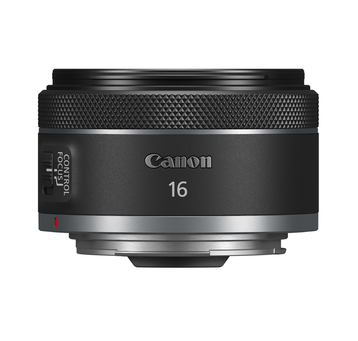 Schwarzes Canon RF 16-mm-Festbrennweitenobjektiv mit breitem geriffeltem Einstellring, AF/MF-Schalter und silberfarbenem Bajonett vor weißem Hintergrund.