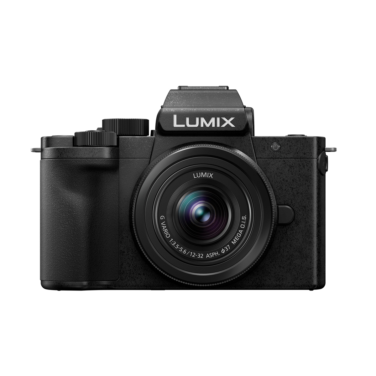 Schwarze Panasonic LUMIX Systemkamera mit kompaktem Objektiv in frontaler Ansicht auf weißem Hintergrund.