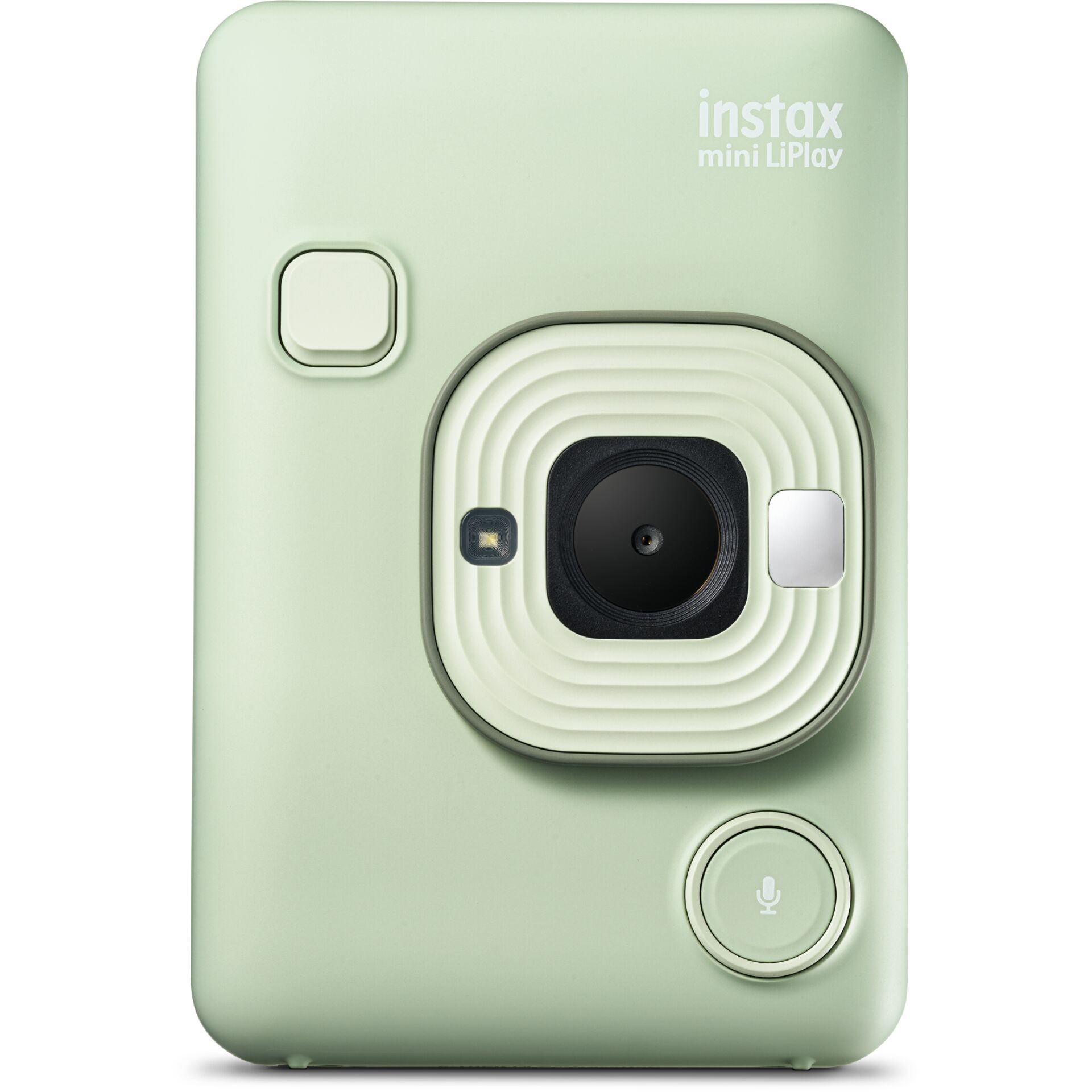 Eine pastellgrüne Fujifilm instax mini LiPlay Sofortbildkamera in der frontalen Vorderansicht vor weißem Hintergrund mit einem hellbeigen Auslöser, farblich abgestimmten Ringen um das Objektiv und der Mikrofontaste unten rechts.