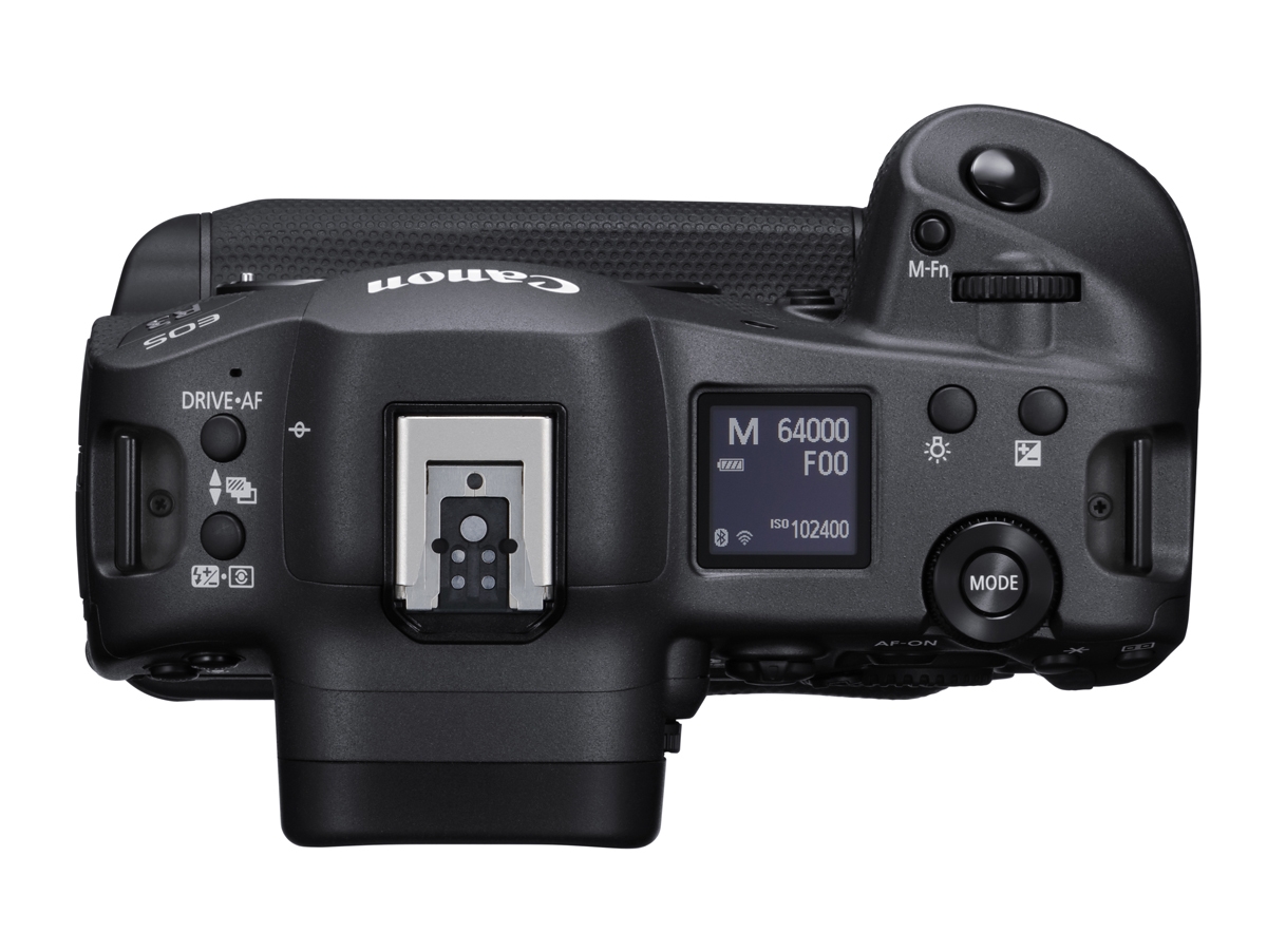 Draufsicht auf eine schwarze Canon EOS R3 Systemkamera mit Schulterdisplay, Blitzschuh, Auslöser und mehreren Bedienelementen auf der Oberseite.