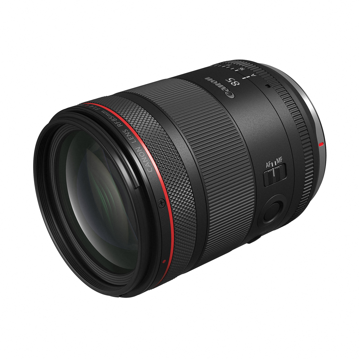 Schwarzes Canon RF Zoomobjektiv der L-Serie mit rotem Akzentring, großer Frontlinse und seitlichen Bedienelementen auf weißem Hintergrund.