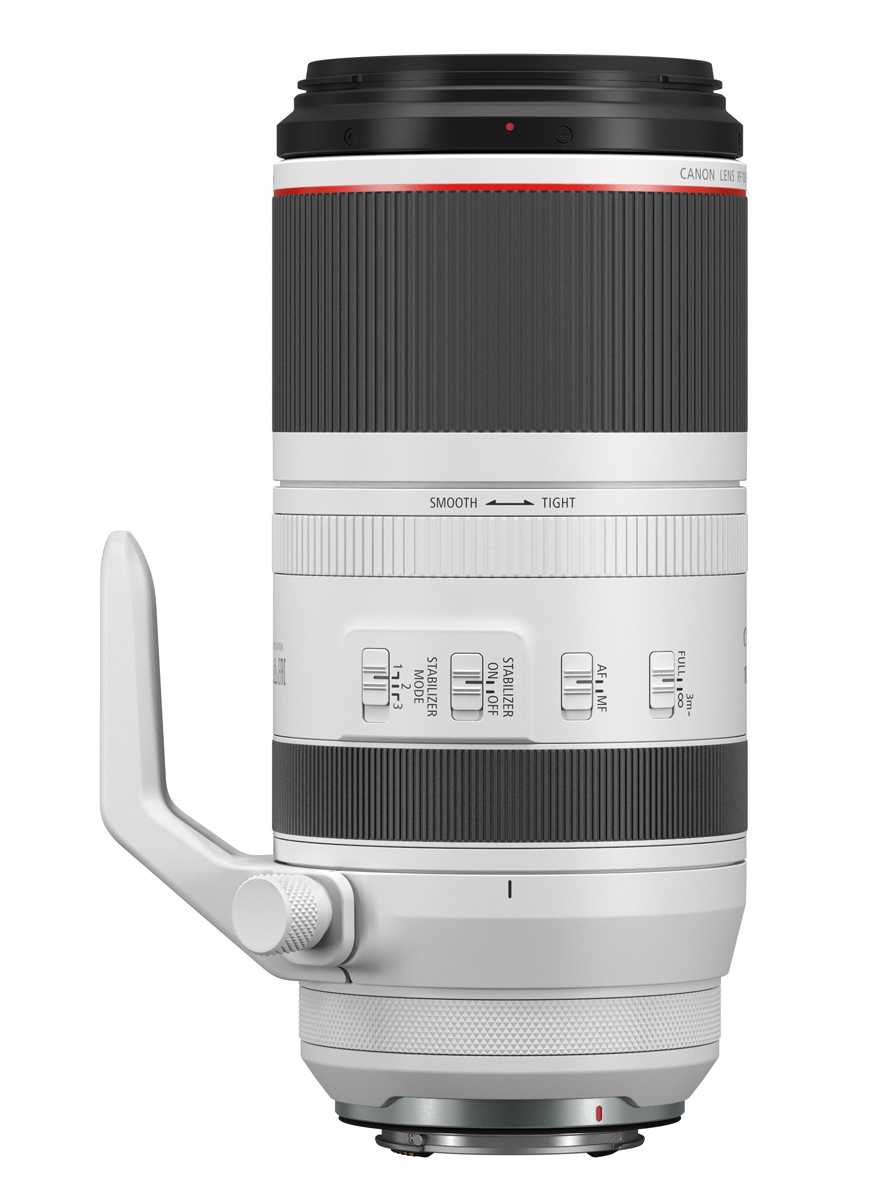 Canon RF 100-500mm L IS USM Telezoom-Objektiv in Weiß – Seitenansicht mit Stativschelle und Bedienelementen