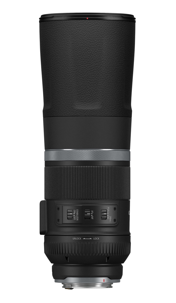 Canon RF 800mm Superteleobjektiv in Schwarz – Seitenansicht mit Bedienelementen
