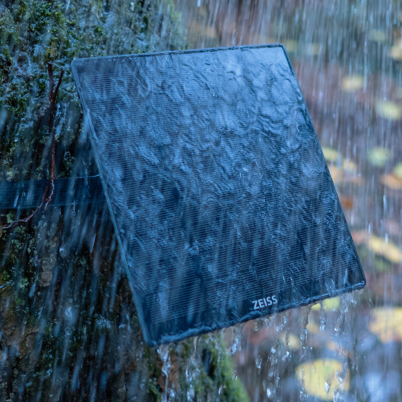 Das quadratische ZEISS Secacam Solar Panel im harten Außeneinsatz bei starkem Regen, montiert an einem nassen, bemoosten Baumstamm im Wald. Das dunkelgraue Solarmodul ist schräg zur Kamera ausgerichtet und komplett mit Wassertropfen und ablaufenden Regens
