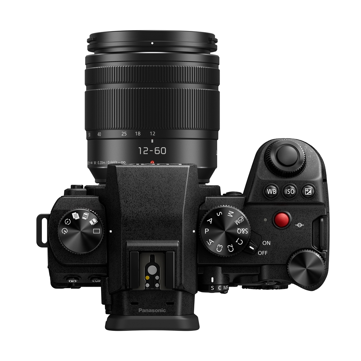 Panasonic LUMIX G9 II Systemkamera in Draufsicht mit angesetztem 12–60-mm-Zoomobjektiv und sichtbaren Einstellrädern.
