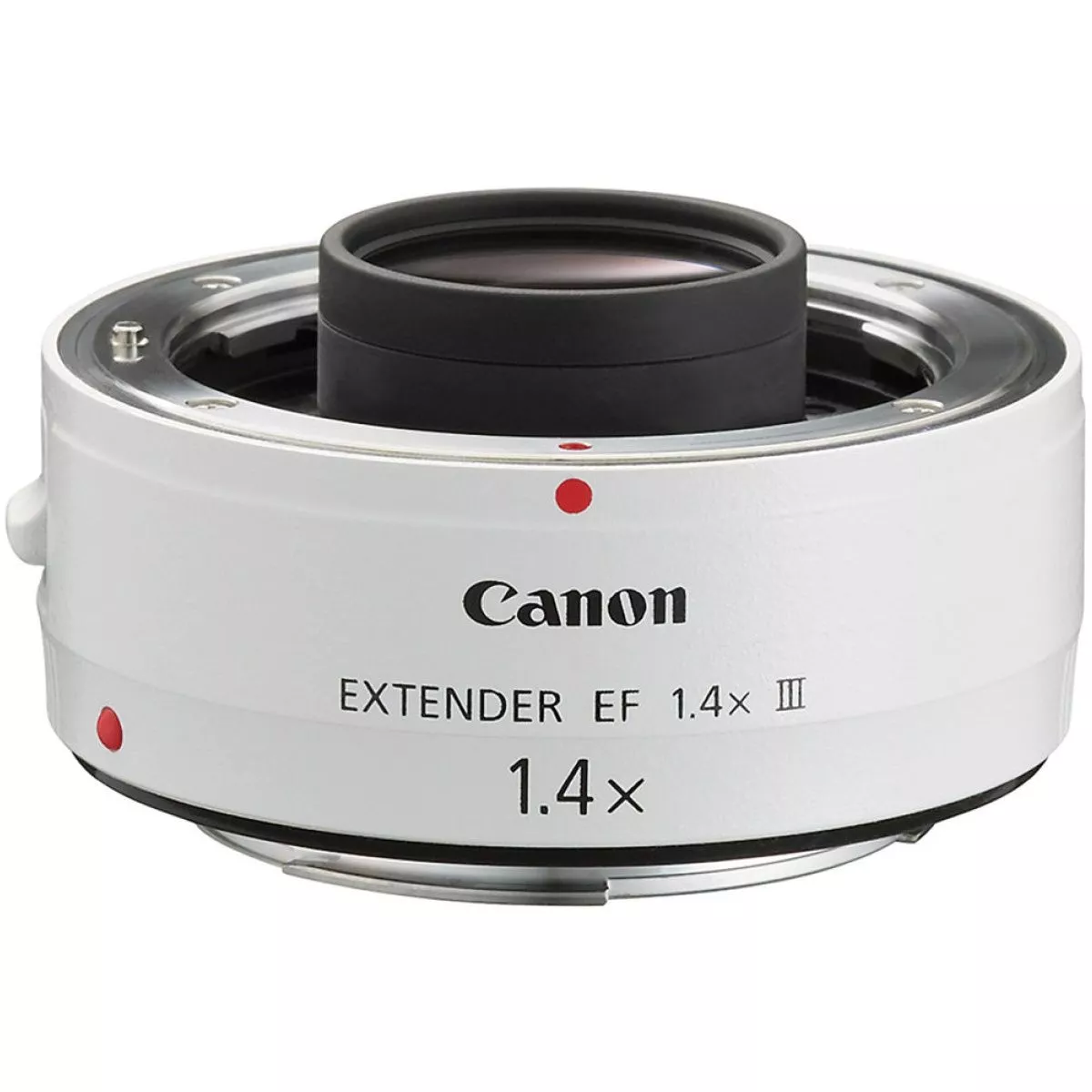 Ein weißer Canon Extender EF 1.4x III Telekonverter für Kameraobjektive, leicht von oben fotografiert, mit sichtbarem Bajonettanschluss, roten Markierungspunkten und schwarzem Linsenelement in der Mitte.