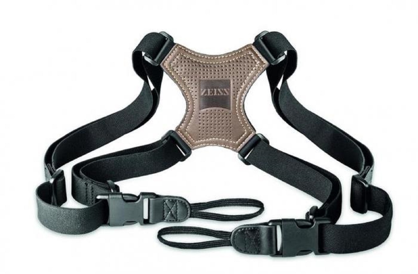Ein schwarzer ZEISS Komfort-Tragegurt (Fernglas-Kreuzgurt) vor einem weißen Hintergrund. Das ergonomische Tragesystem verfügt über ein zentrales, braunes Rücken- oder Brustelement in Lederoptik, das mit einer feinen Lochperforation, einer hellen Ziernaht