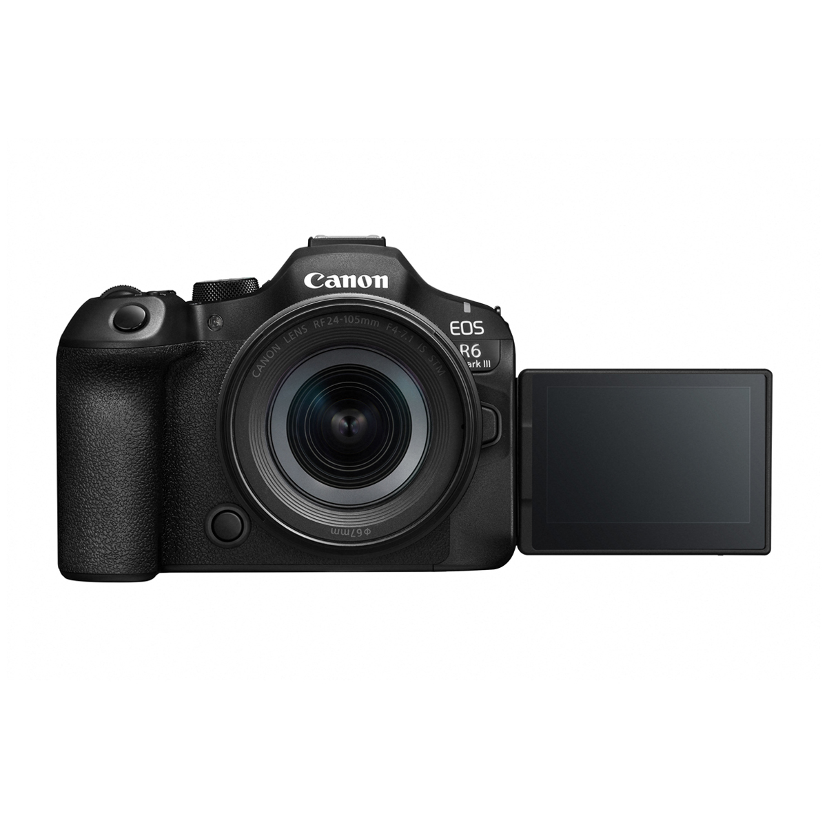 Gerade Frontansicht der Canon EOS R6 Mark II Vollformat-Systemkamera mit montiertem RF 24-105mm f/4-7.1 IS STM Objektiv und vollständig zur Seite ausgeklapptem LCD-Display vor weißem Hintergrund.