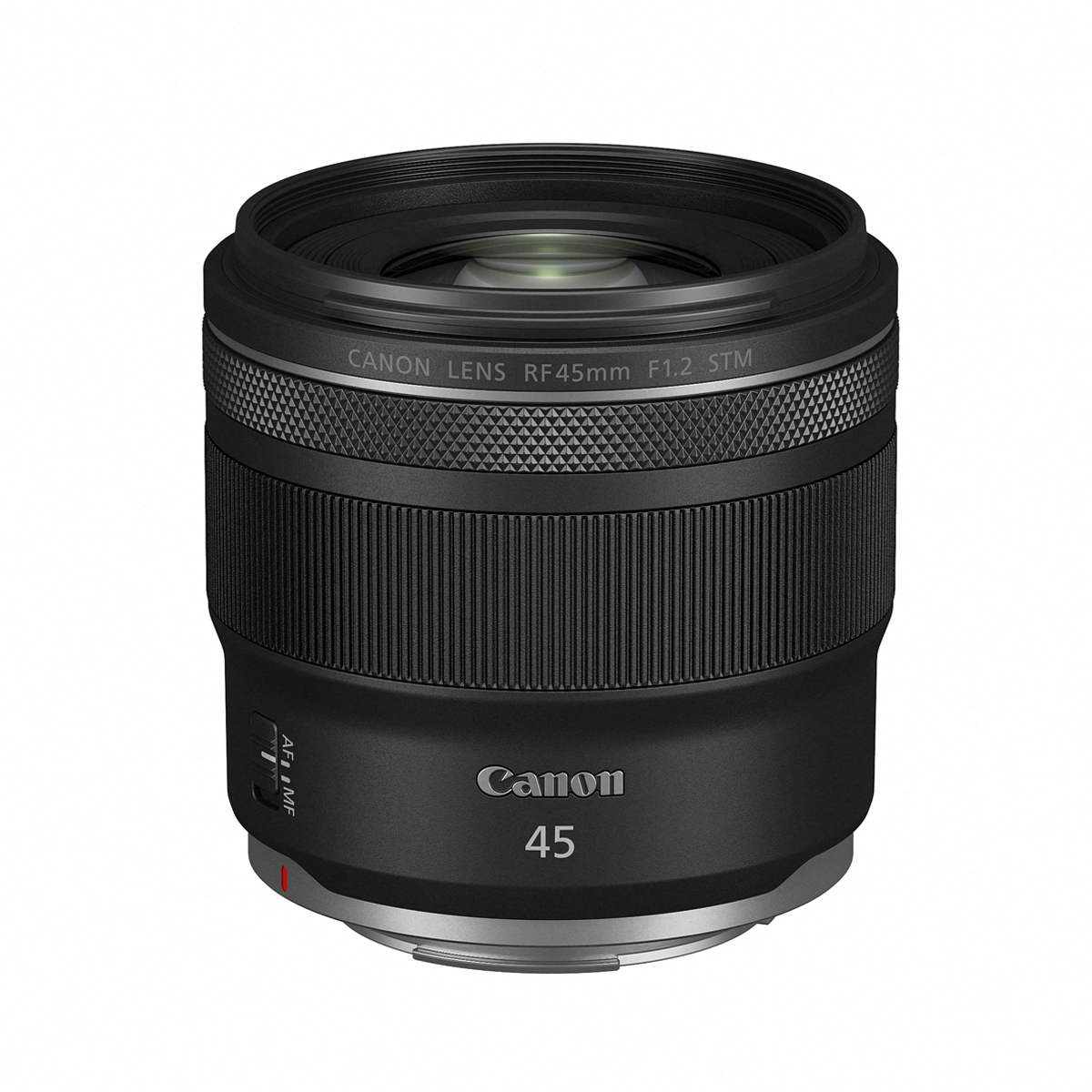Gerade Frontansicht des Canon RF 45mm f/1.2 STM Festbrennweiten-Objektivs mit sichtbarer Frontlinse, breitem Fokusring, geriffeltem Einstellring und weißem Canon 45 Logo vor weißem Hintergrund.