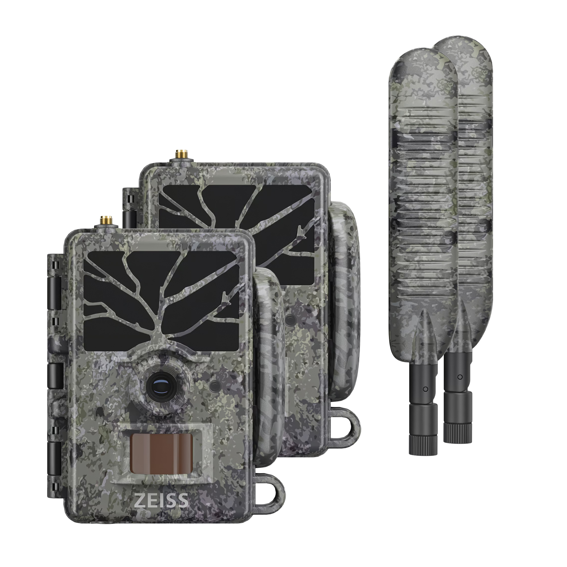 Ein vorteilhaftes Zweier-Set der ZEISS Secacam 5 4G Wildkamera, bestehend aus zwei identischen Kameras im grauen Rinden-Camouflage-Design und zwei separaten LTE-Paddelantennen, freigestellt vor einem rein weißen Hintergrund [image_xaZ9H8.png]. Die beiden