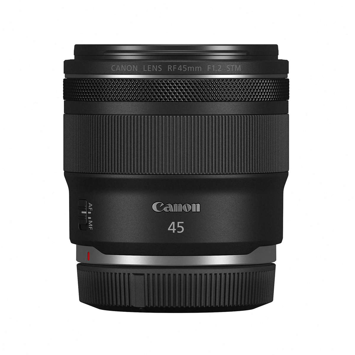 Symmetrische Produktansicht des Canon RF 45mm f/1.2 STM Festbrennweiten-Objektivs von vorne mit Fokus auf den AF/MF-Schalter, den breiten Fokusring und den silbernen Bajonettanschluss auf weißem Hintergrund.