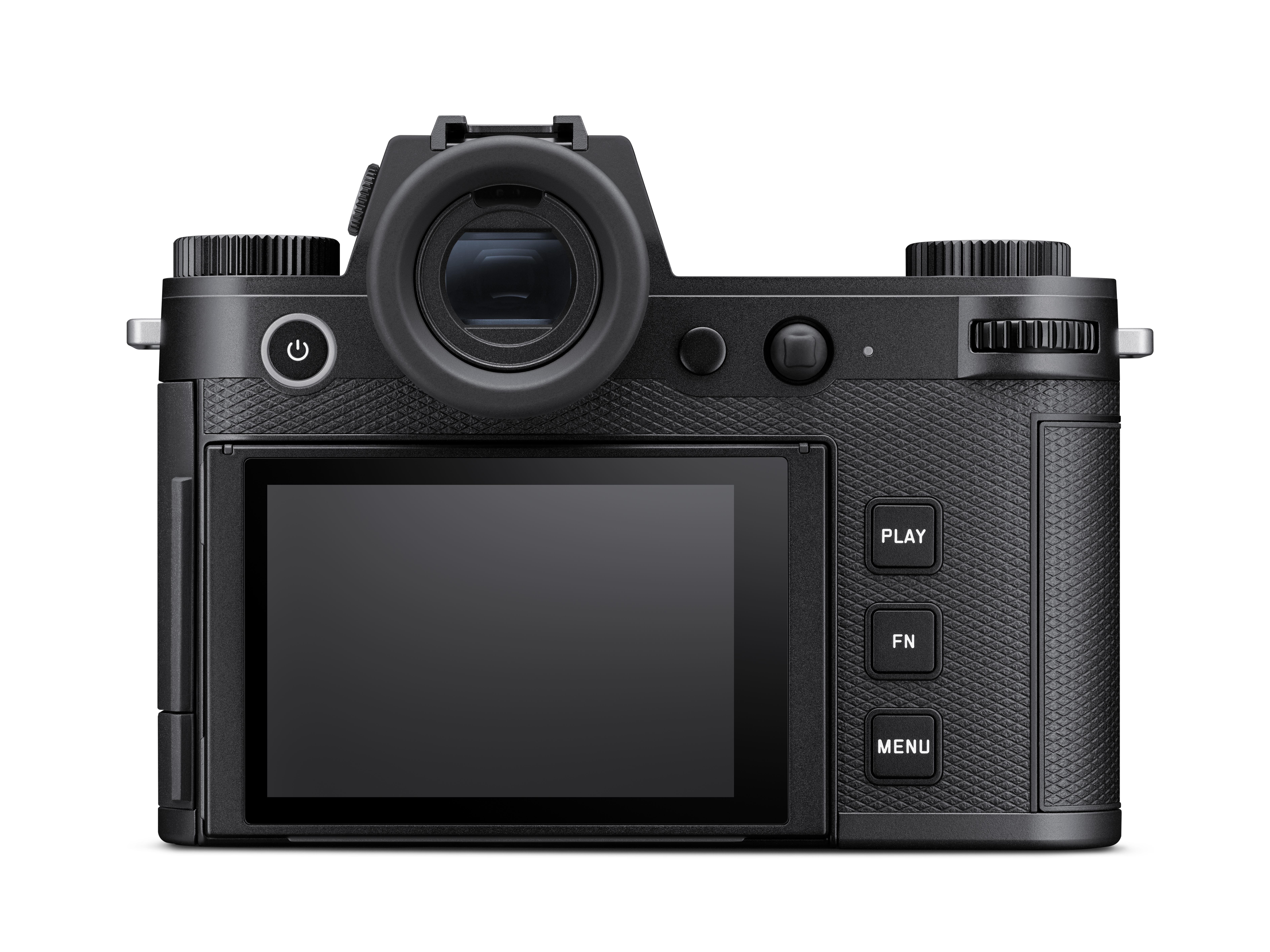 Die komplette Rückansicht der professionellen Leica SL3-P Vollformat-Systemkamera vor weißem Hintergrund mit direktem Blick auf das zentrierte Klappdisplay, das optimierte Tasten-Layout mit den quadratischen Tasten „PLAY“, „FN“ und „MENU“ auf der rechten