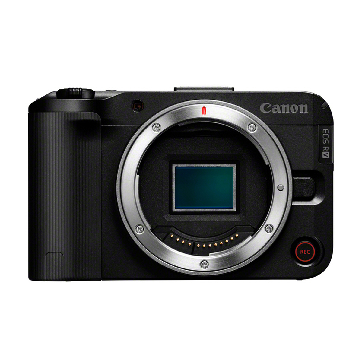 Schwarze Canon EOS R50 V Systemkamera ohne Objektiv in frontaler Ansicht mit sichtbarem Bildsensor und RF-Bajonett auf weißem Hintergrund.