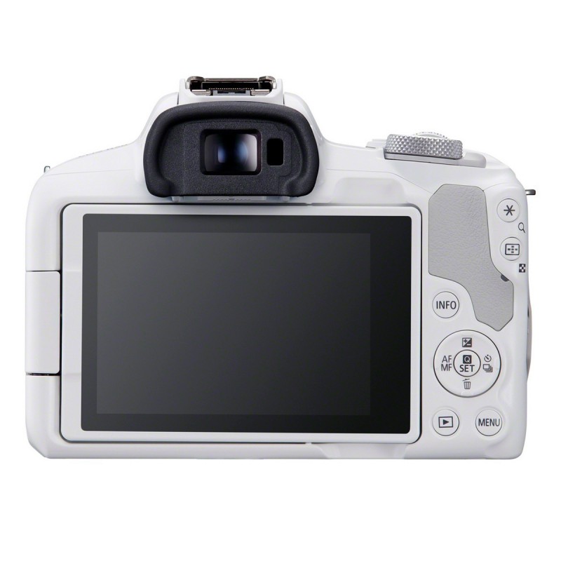 Canon EOS R50 spiegellose APS-C-Systemkamera in Weiß mit Objektiv in Rückansicht