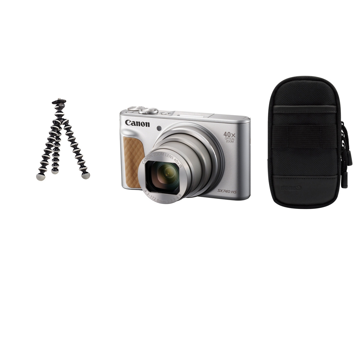 Ein dreiteiliges Canon PowerShot SX740 HS Reiseset auf weißem Hintergrund, bestehend aus der silbernen Kompaktkamera mit ausgefahrenem Zoom-Objektiv und braunem Handgriff-Element, einem kleinen, flexiblen Gorillapod-Stativ und einer gepolsterten schwarzen